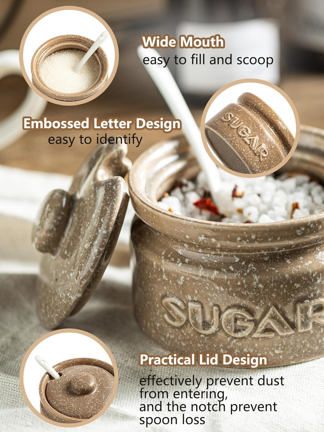 Gomakren Sugar Bowl with Lid and Spoon, Sugar Container Sugar Dish 10oz, Ceramic Sugar Jar for Coffee Bar, Kitchen, Countertop - Modern Farmhouse Kitchen Christmas Decor, Brown