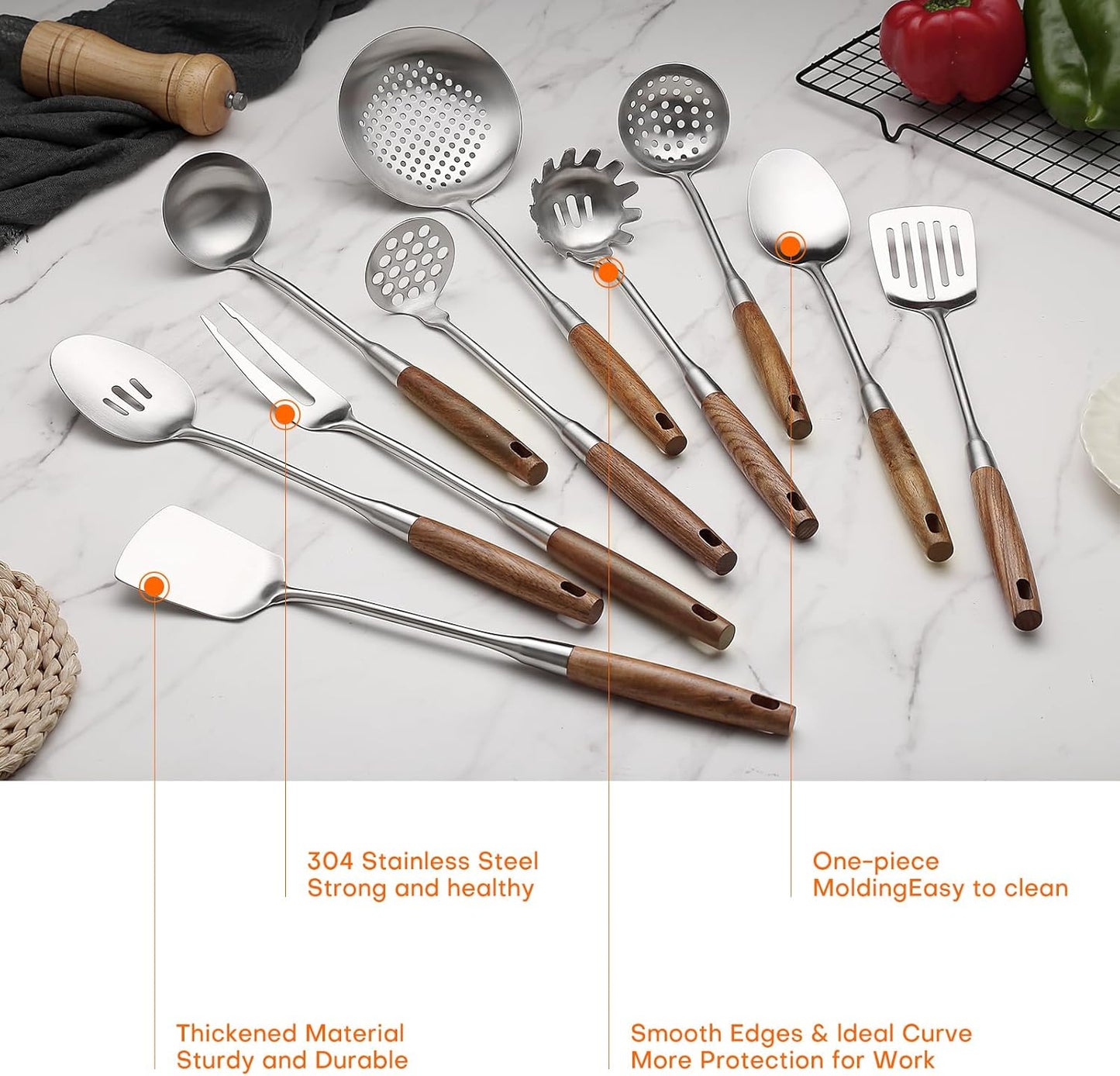 Lazycorner 304 Wooden Handle Stainlss Steel Kitchen Utensils Set 10 Pcs Cooking Utensils Set Heat Resistant Wooden Handle Kitchen Tools Metal Kitchen Utensil Spatula Sets