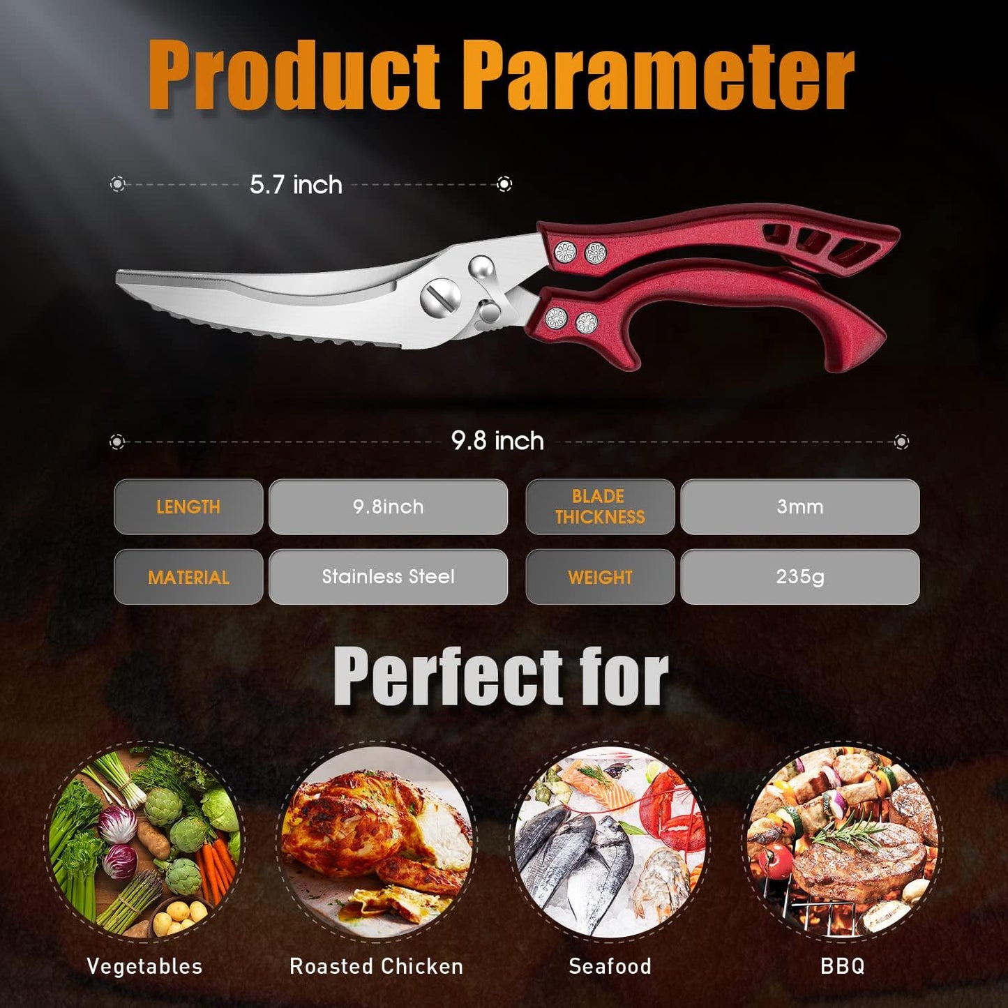 Poultry Shears, Red Heavy Duty Kitchen Shears with Serrated Edge, No Rust Spring Loaded, Multipurpose Stainless Steel Kitchen Scissors for Chicken Meat, Turkey, Fish