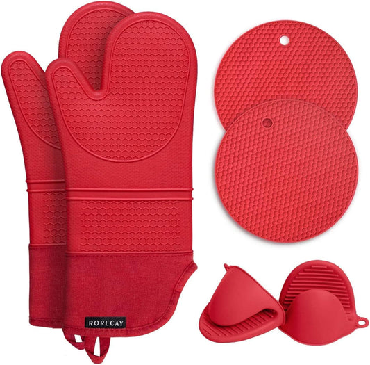 Rorecay 6pcs Oven Mitts and Pot Holders Sets for Kitchen, Extra Long Silicone Oven Gloves Heat Resistant 500 Degrees Non-Slip Potholders Hot Pads for Baking Cooking, Quilted Liner, Red