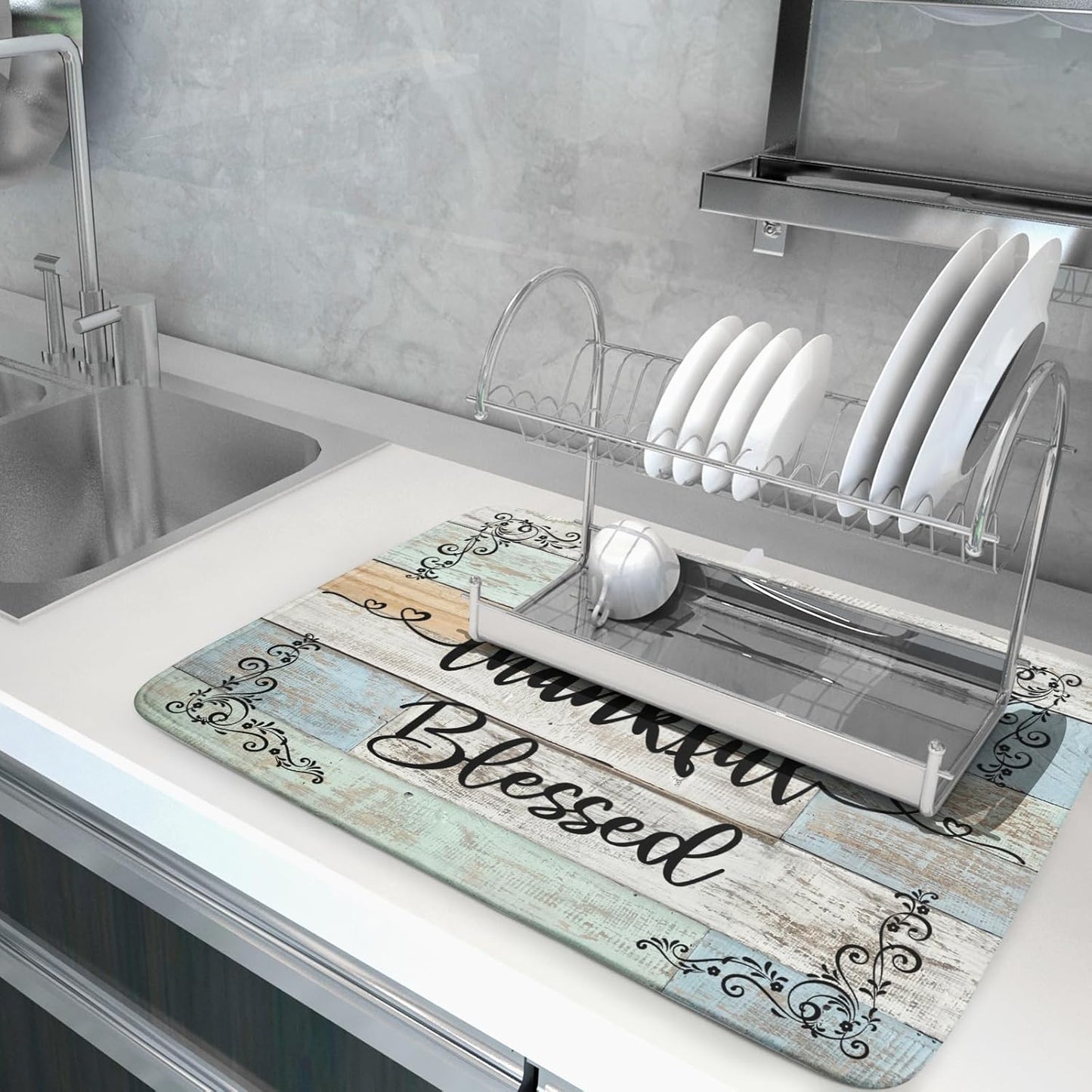 Rustic Wood Dish Drying Mat 18x24 Inch Grateful Thankful Blessed Kitchen Drainer Mats Absorbent Microfiber Rack Holder Countertop Pad