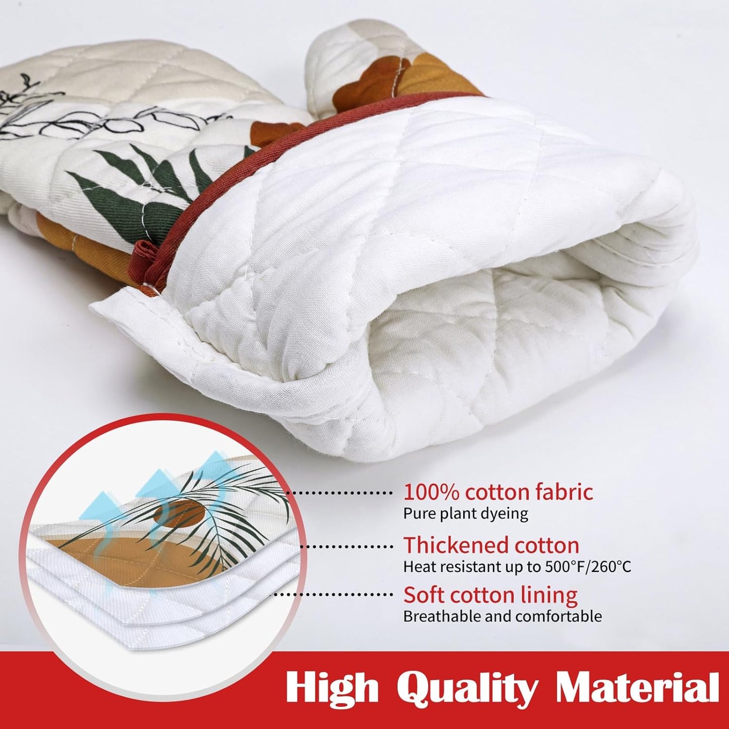 Boho Leaf Oven Mitts and Pot Holders Sets 4Pcs, 100% Cotton Heat Resistant, Extra Long Oven Gloves Potholder for Kitchen Cooking Baking Decoration