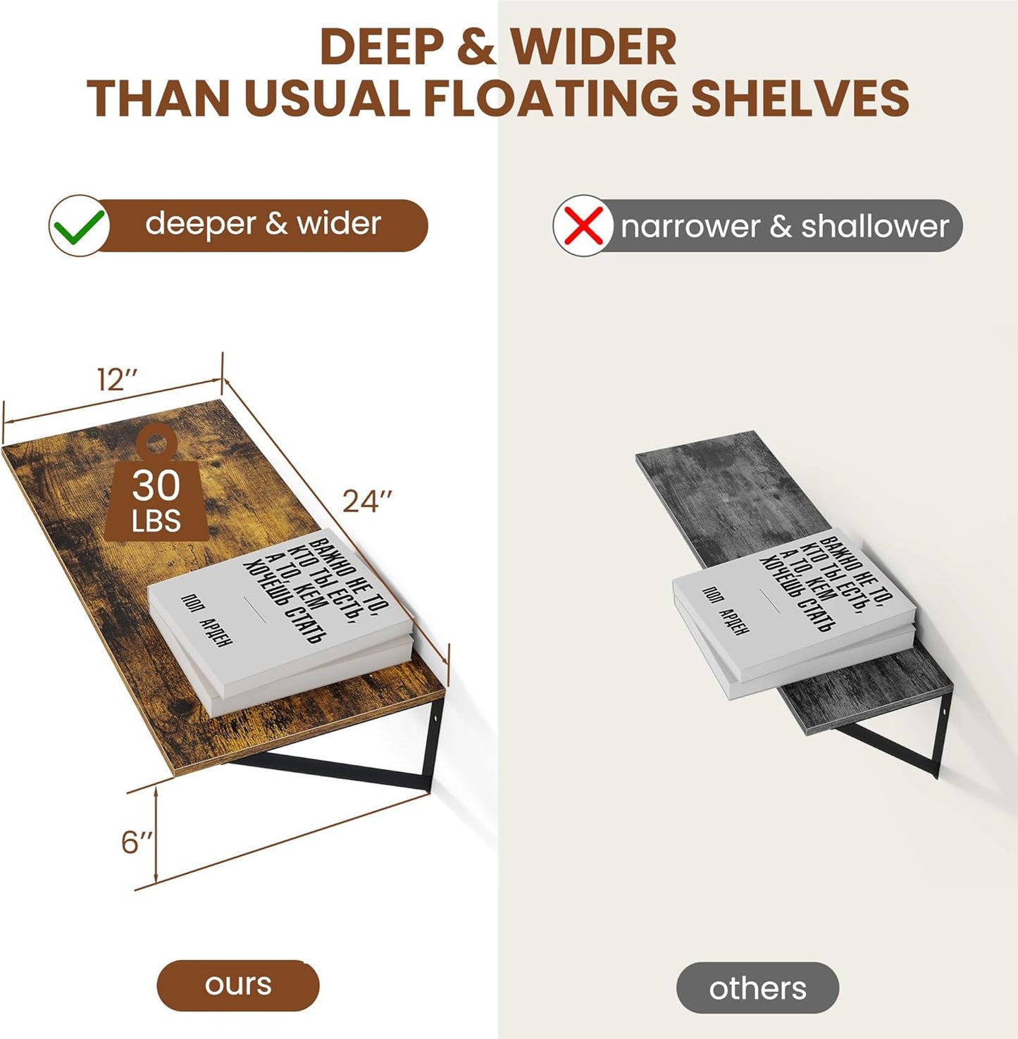 Heimlove Deep Floating Shelves for Wall, 24W x 12D Wood Wall Shelves Set of 2, Wide Floating Bookshelf for Living Room, Kitchen, Office, Bedroom and Decor Storage, with Metal Bracket - Rustic Brown