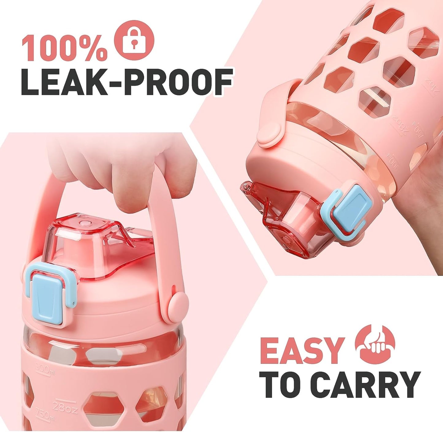 MUKOKO 32 oz Glass Tumbler with Straw,Glass Water Bottles with Time Marker,Iced Coffee Cup with 2 Lids-Handle Spout Lid&Straw Lid,Silicone Sleeve,Leakproof,1 Pack-Pink