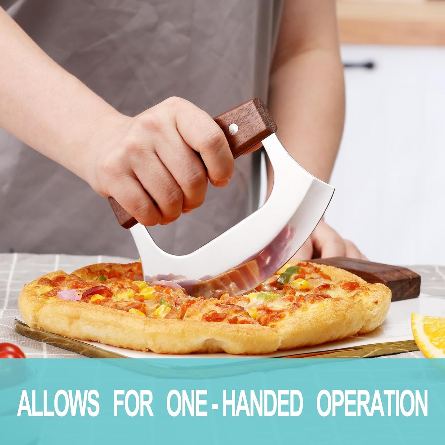 Ulu Knife - Sharp Rocker Mezzaluna Knife with Stand for Cutter Pizza, Meat, Vegetables, Herbs, Salad