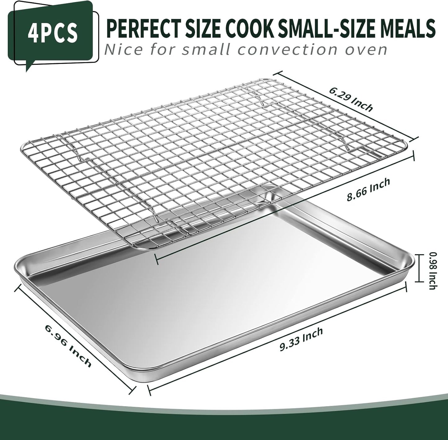 Small Baking Sheet with Rack Set [2 Small Cookie Sheets + 2 Small Baking Racks], CEKEE Stainless Steel Small Baking Pan and Grill Rack - Rust & Warp Resistant & Nonstick, Size 9.33 x 6.96 x 1 Inch