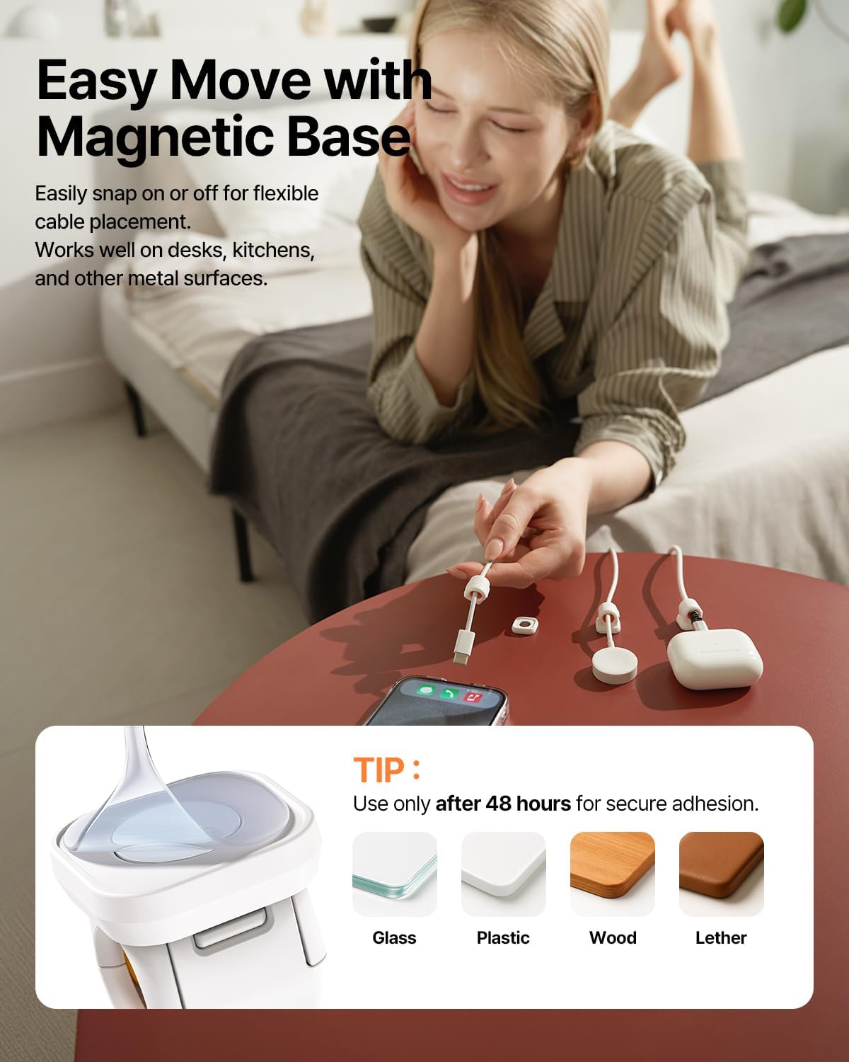 6 Pack Sinjimoru Magnetic Cable Clips, Compact Size Cord Organizer & Cable Management for Desk, Nightstand & Car, Fits up to 7.5mm Cables, White