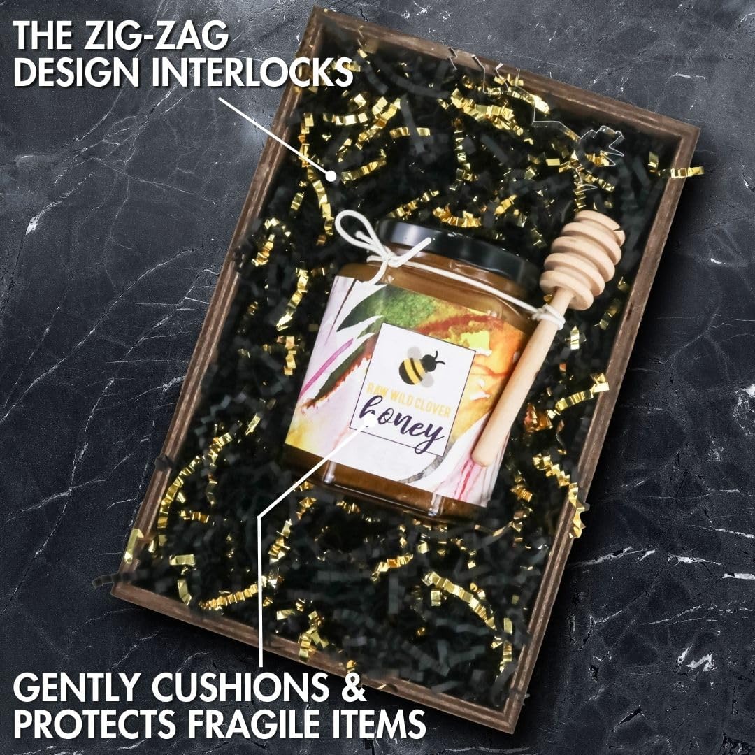 MagicWater Crinkle Cut Paper for Gift Baskets - 2LB - Black & Gold - Perfect for Shredded Paper Filler, Basket Filler, Gift Boxes, Bridesmaid Gifts, Halloween Stuffers & More – Ideal for All Occasions