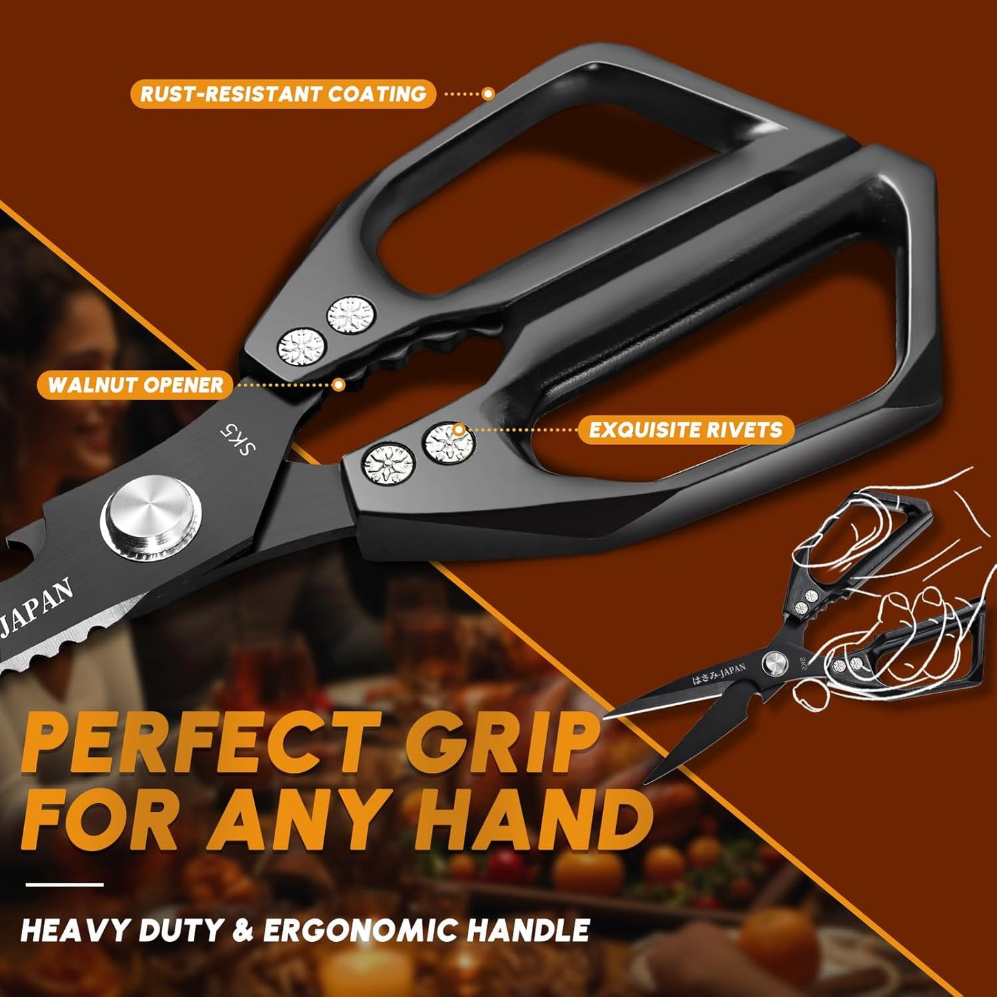 HUUSK Kitchen Scissors Set Black - Upgraded Stainless Steel Kitchen Shear, Sharp Meat Scissors, Heavy Duty Poultry Shears, Japanese Cooking Scissor for Food, Chicken Bones, and Turkey, Dishwasher Safe