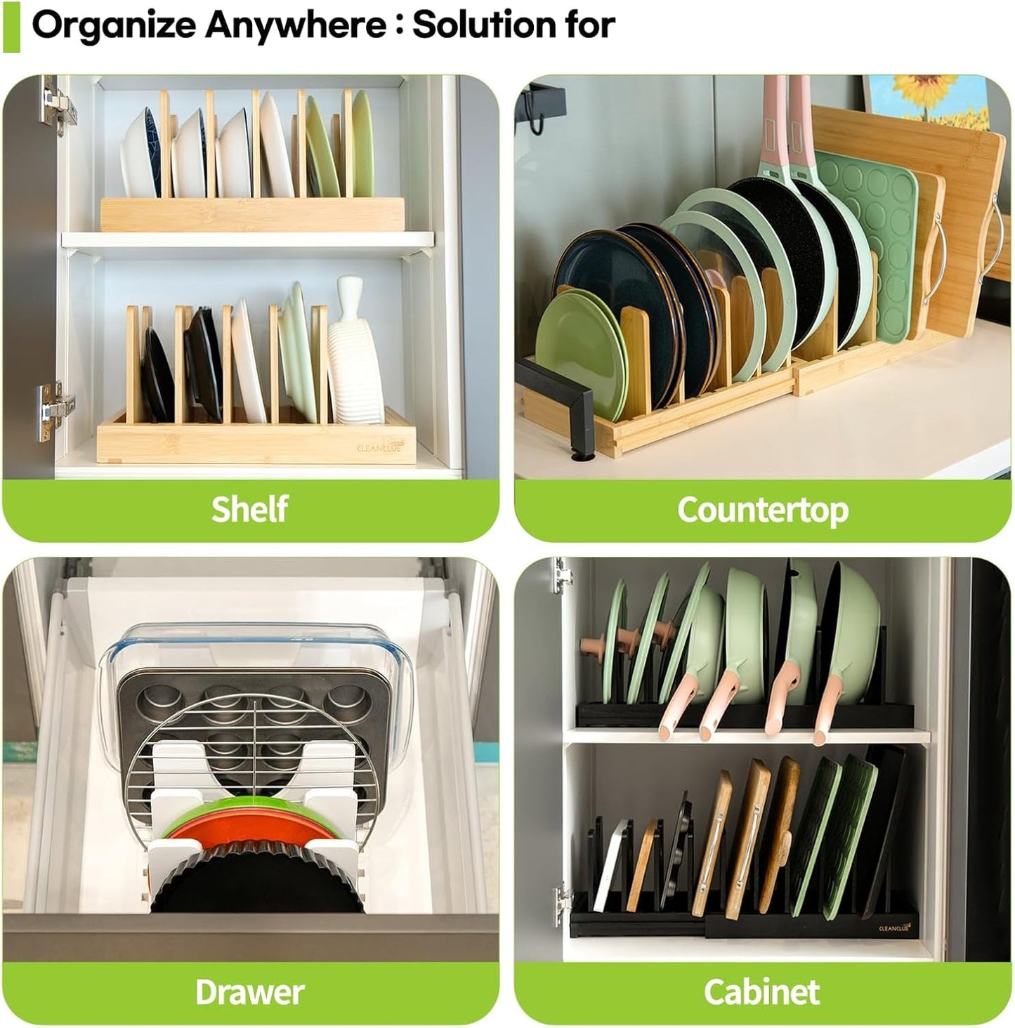 Pots and Pans Organizer under Cabinet, Bamboo Expandable Bakeware and Cutting Board Organizers, Adjustable Pot Lids Holder Rack, Cookie Sheet Baking Pan, Tray Organizer for Kitchen Storage (Natural)