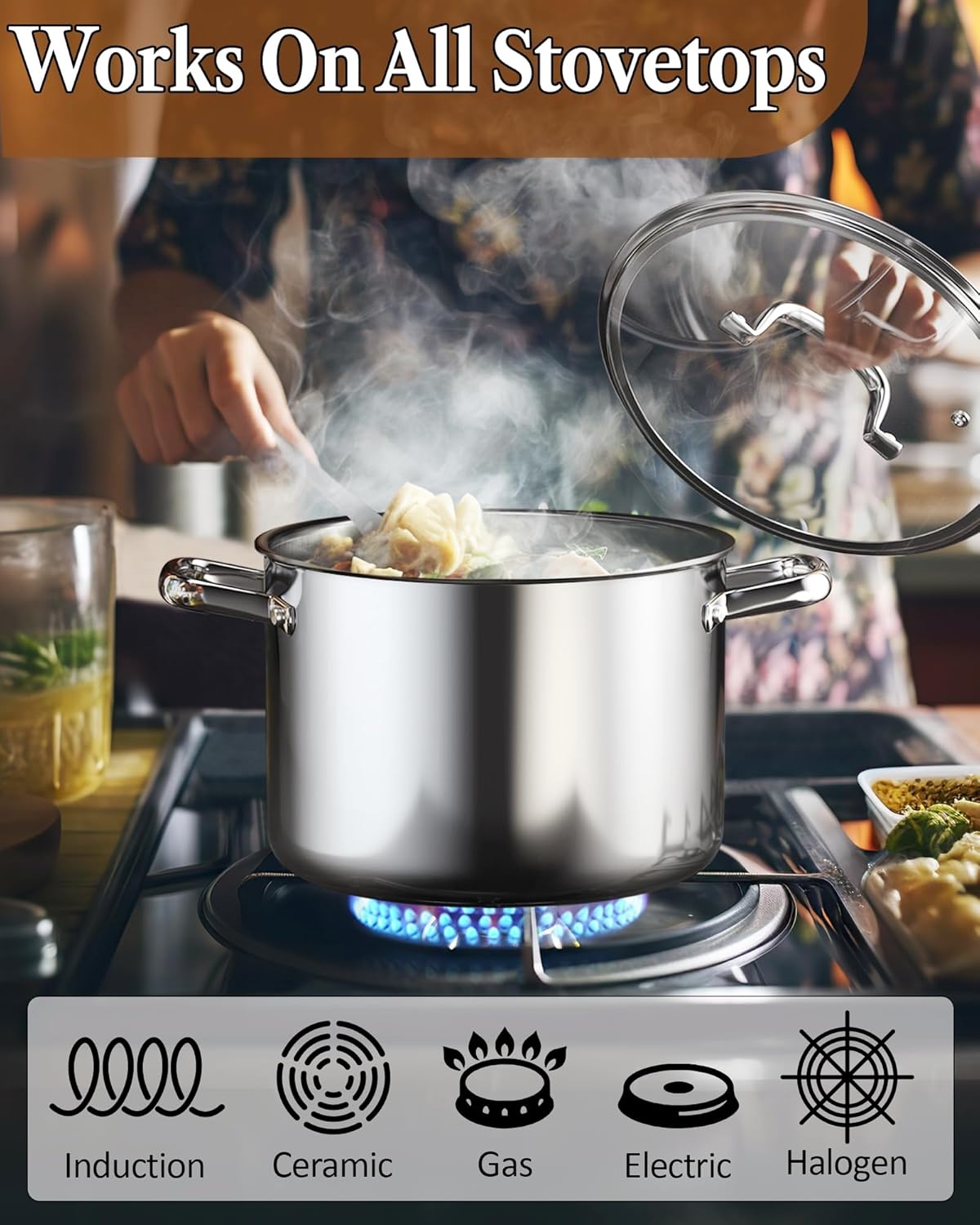 Cook N Home Stainless Steel Stockpot 8 Quart, Tri-Ply Clad Soup Pot with Glass Lid, Induction Compatible, Heavy Duty Canning Pot, Dishwasher Oven Safe, Silver