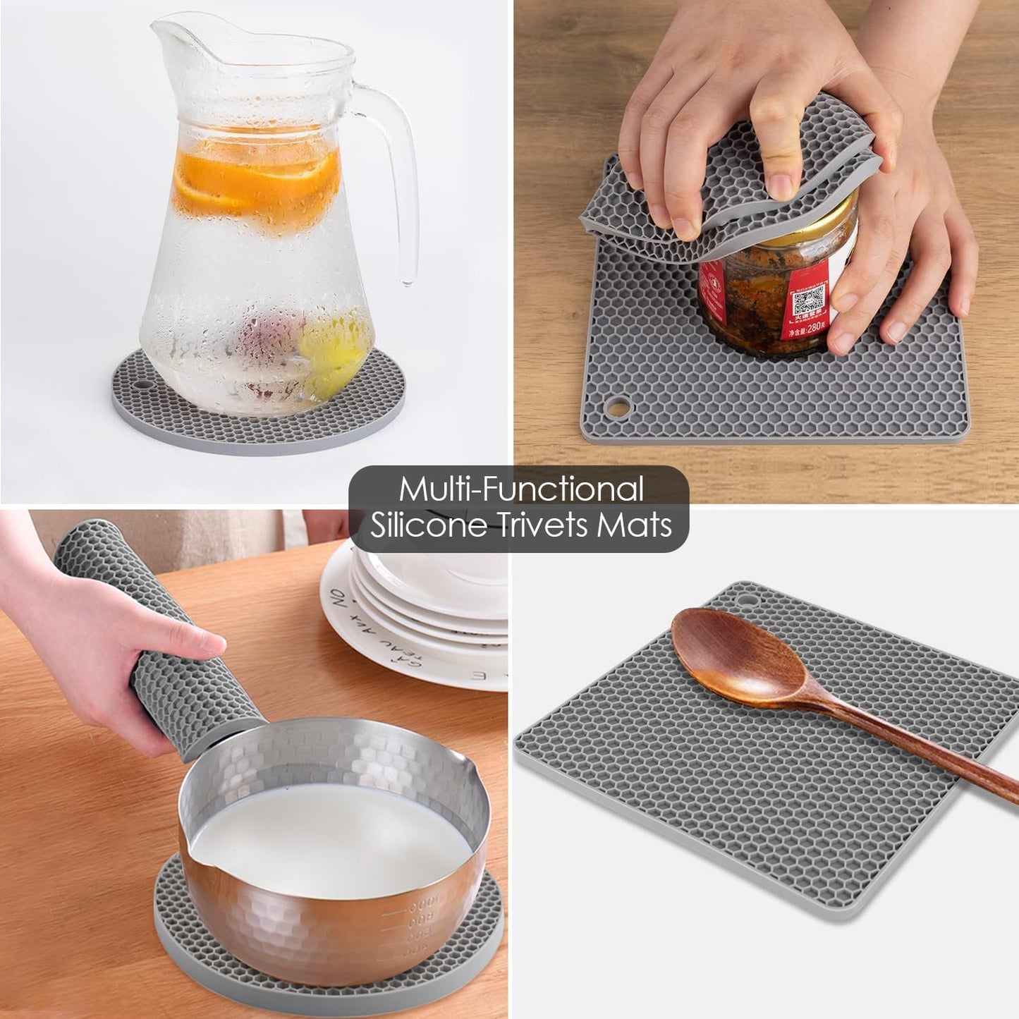 Silicone Trivet Mats, Silicone Pot Holders for Hot Pots and Pans, Heat Resistant Counter Mats for Tables, Countertops, Spoon Rest and Large Coasters, 4 Pack Gray Trivets for Hot Dishes