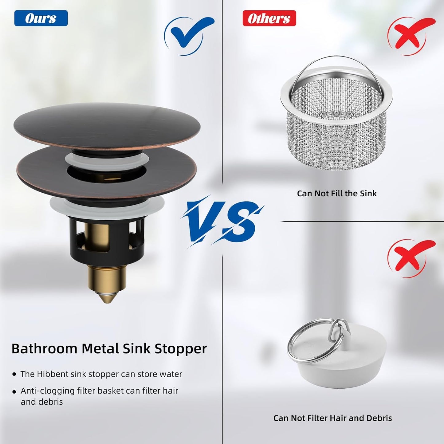 Hibbent 2 Pack All Metal Upgraded Bathroom Sink Stopper, Universal Pop Up Sink Drain Strainer, Brass Bullet Core Push Type Stopper for 1.1''~2.3''' Basin, Anti Clogging Filter, Oil-Rubbed Bronze
