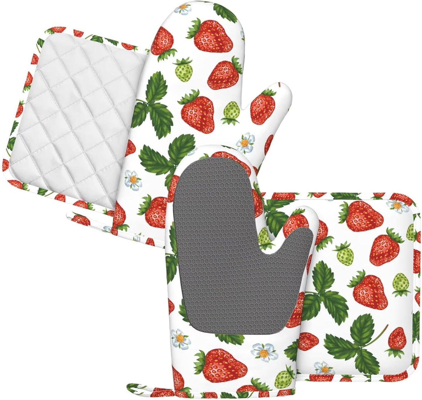 Red Strawberry Leaf Flower Oven Mitts and Pot Holders Set of 4 Silicone Strawberry Kitchen Mitten Gloves and Strawberries Potholders Set Heat Resistant Oven Gloves Hot Holders for Kitchen