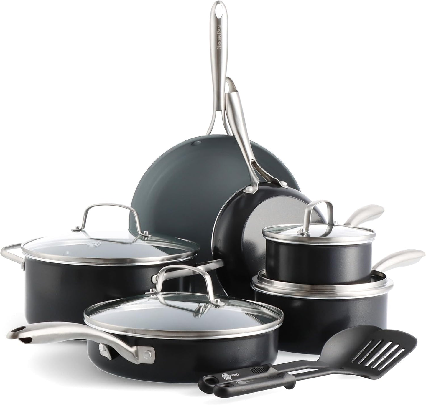 GreenPan 12 Piece Nonstick Swift Cookware Set, Ceramic PFAS-Free Pots & Pans with Lids, Dishwasher & Oven/Broiler Safe to 600F, Kitchen Cooking Set, Sauce, Saute, Stock, Frying Pans, Gray