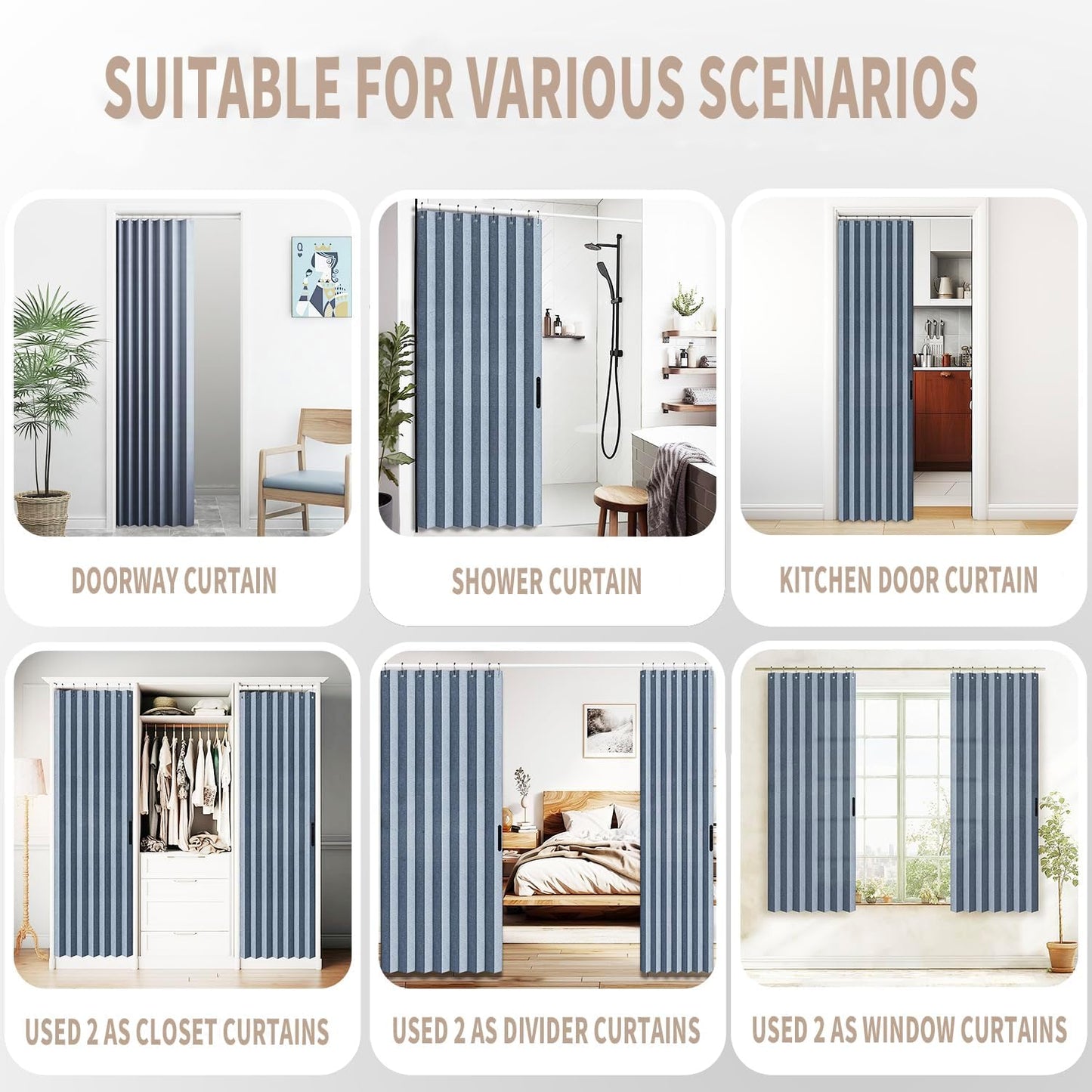 Vatge Accordian Style Door Curtains for Bedroom, and Closet Without Door, Room Divider Curtain for Living Room/Bathroom/Bedroom, 1 Panel with Tieback, W39 x L78, Blue