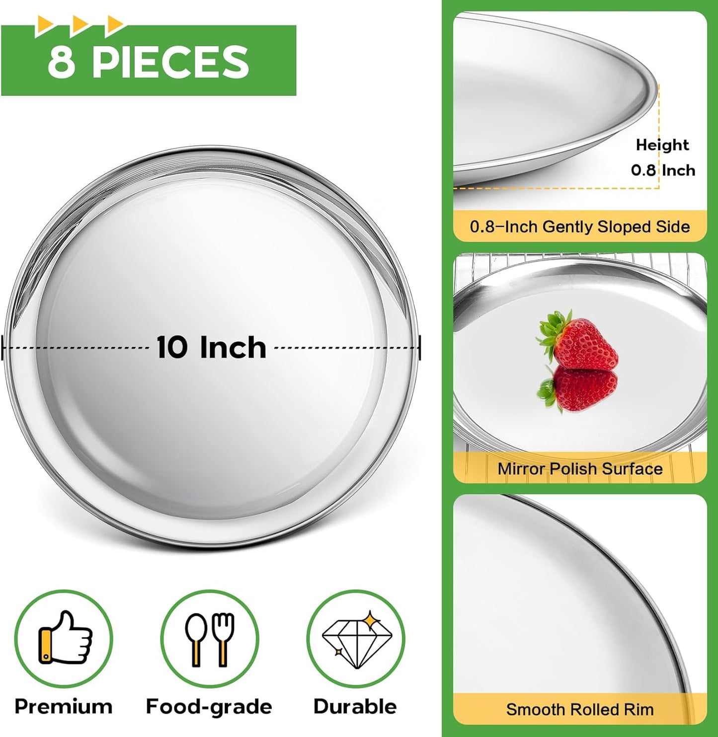 P&P CHEF 10 Inch Pizza Pan, Stainless Steel Round Pizza Tray Baking Pans, Pizzas Plate Serving Tray for Cookie Meat, Oven & Dishwasher Safe & Easy Cleaning, (Mirror Finish) - 8 Pieces