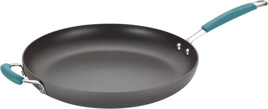 Rachael Ray 87642 Cucina Hard Anodized Nonstick Skillet with Helper Handle, 14 Inch Frying Pan, Gray/Agave Blue