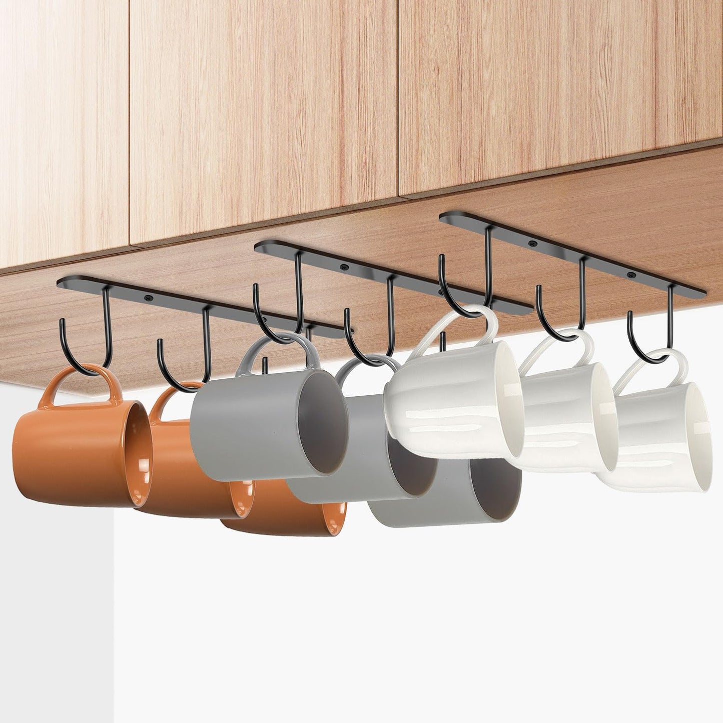 3 Pack Mug Hooks Under Cabinet, Hanging Coffee Mug Holder for Kitchen Cabinet/Shelf, Coffee Mug Organizer with 9 Hooks, for Mugs, Cups, Kitchen Utensils Display, Black