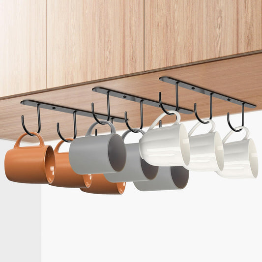 3 Pack Mug Hooks Under Cabinet, Hanging Coffee Mug Holder for Kitchen Cabinet/Shelf, Coffee Mug Organizer with 9 Hooks, for Mugs, Cups, Kitchen Utensils Display, Black