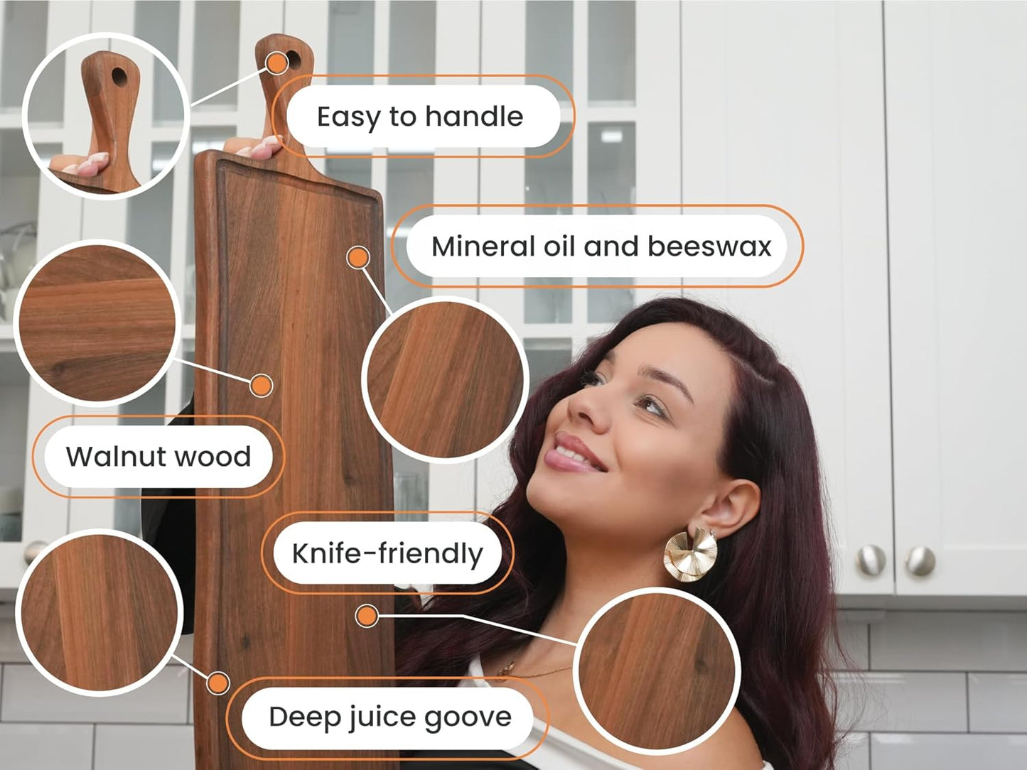 Elegant Walnut Wood Long Serving Board with Handle - Charcuterie Wooden Board - Stylish Versatility for Culinary Delights - Reversible with Juice Groove - 35.4x6.7x0.8 in - Woodie Poppins (Large)