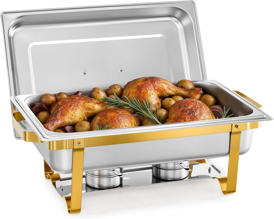 WILPREP Chafing Dish for Buffet, 9 qt Chafer and Buffet Warmer Set with Full Size Food Pan & Foldable Frame, Food Grade Stainless Steel Food Warmer for Parties Buffets Banquets Dinners, Gold & Silver
