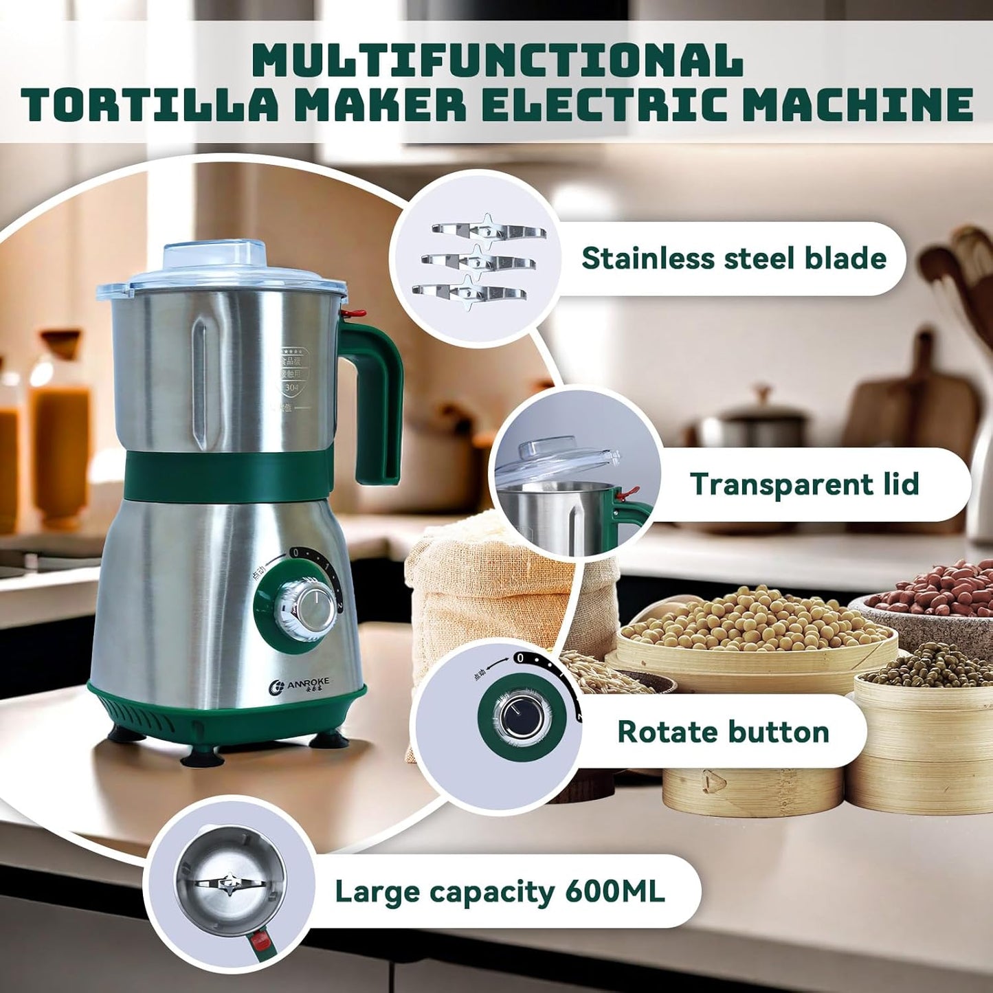 Electric Spice and Nut Grinders - 3 Stainless Steel Blades, 1 Filter, 1 Brush - 500W Grinder for Kitchen Dry Use (Green）