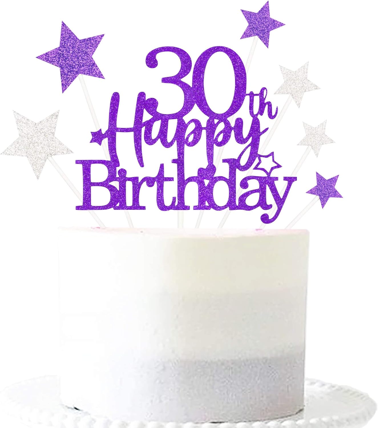 Glittery 30th Happy Birthday Cake Topper with Star,Personalised 30 Birthday Cake Toppers Party Decorations Party Supplies for Men Women Purple Silver