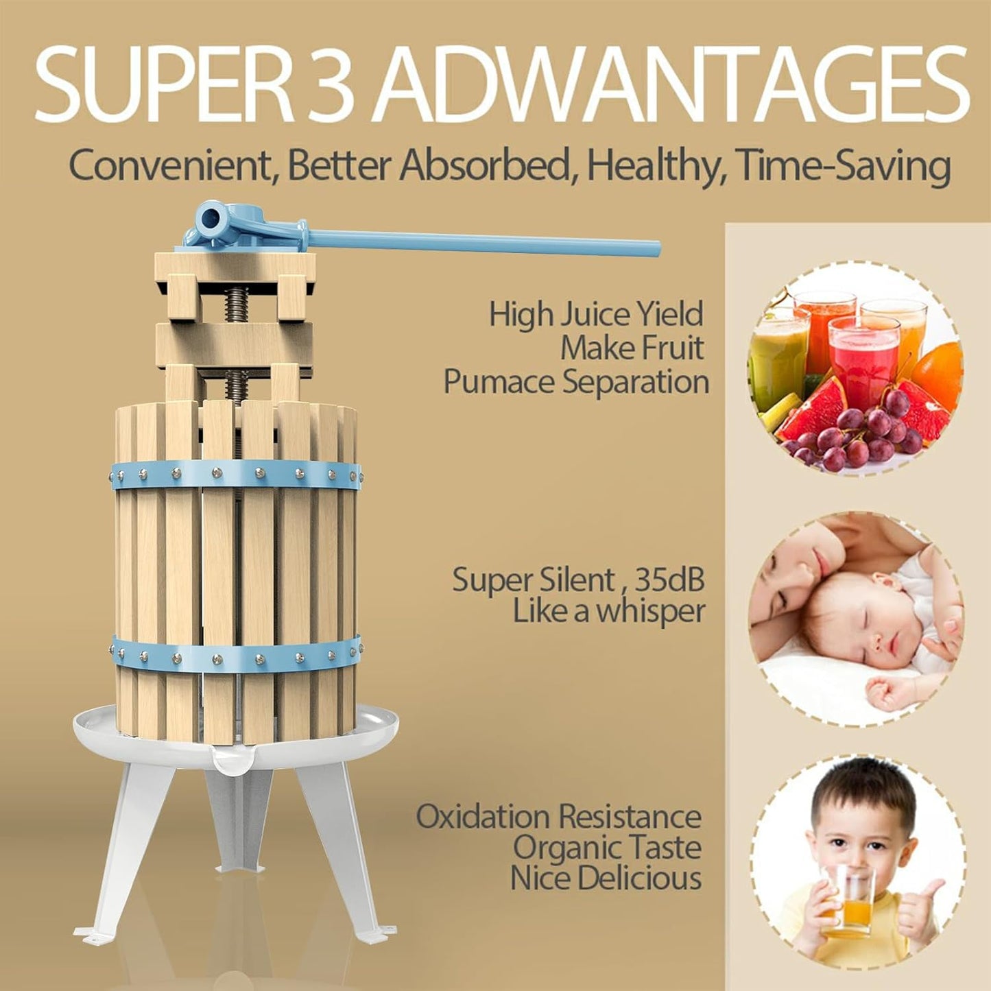 SQUEEZE master Fruit Apple Cider Wine Classic Press-Blue-1.6 Gallon/6L-Solid Wood Basket-Vintage traditional juicer-Pole Handle Bar for Juice,Wine,Cider-1 free filter bag included