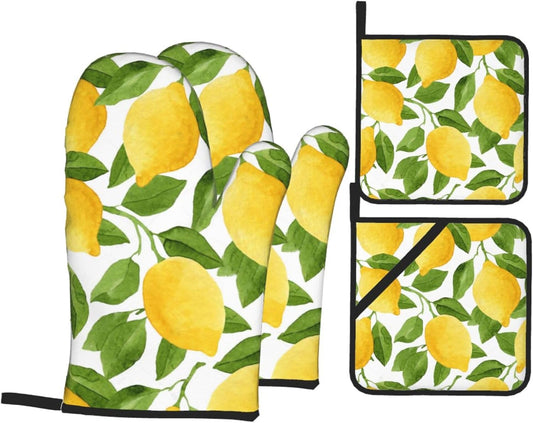 Bright Yellow Lemons Oven Mitts and Pot Holders Sets of 4,Resistant Hot Pads with Polyester Non-Slip BBQ Gloves for Kitchen,Cooking,Baking,Grilling