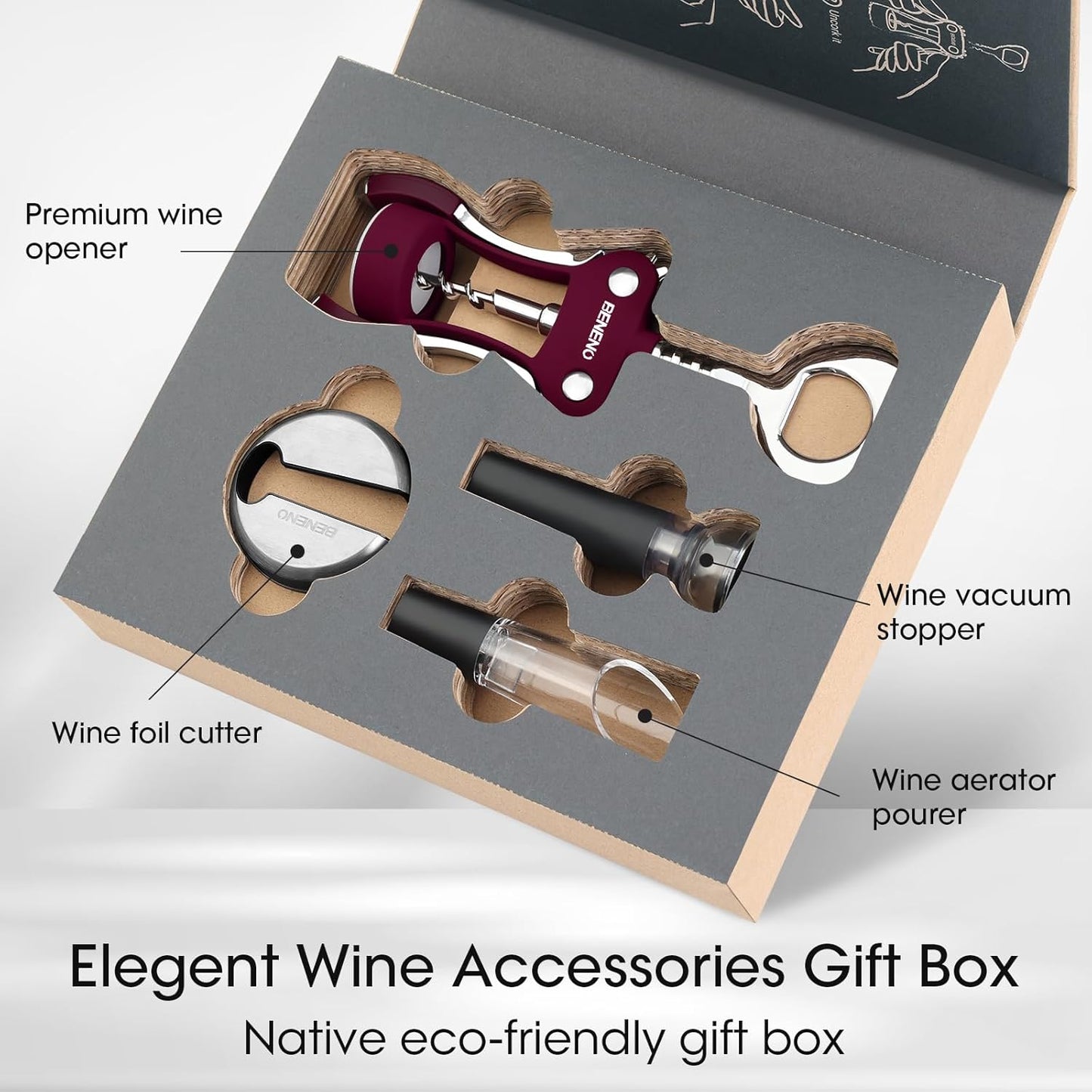 Beneno Multifunctional Wine Bottle Opener Gift Set - Wing Corkscrew, Foil Cutter, Vacuum Stopper & Aerator Pourer, Perfect for Wine Lovers Man Woman, Purple Set