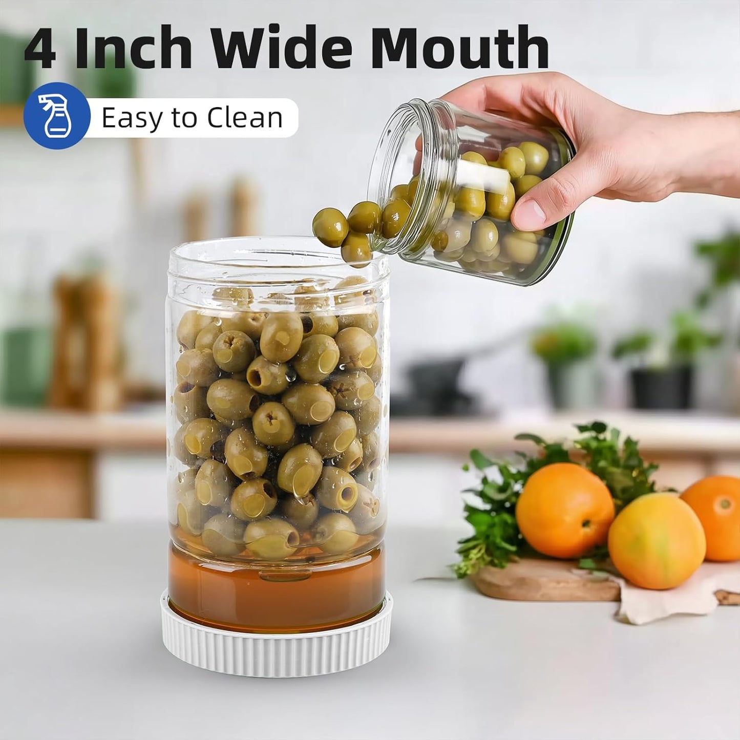 Pickle Jar with Strainer Flip Glass 40oz BPA-Free Airtight Pickles Juice Separator for Olive Jalapeno, Food Storage Containers with Lids for Pickles Lover, Grey
