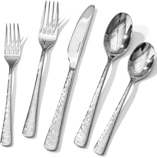 KINGSTONE Hammered Silverware Set, Flatware Set, 18/10 Stainless Steel Premium Cutlery with Unique Ripple Handles Design Mirror Polished - Dishwasher Safe (20-Piece)