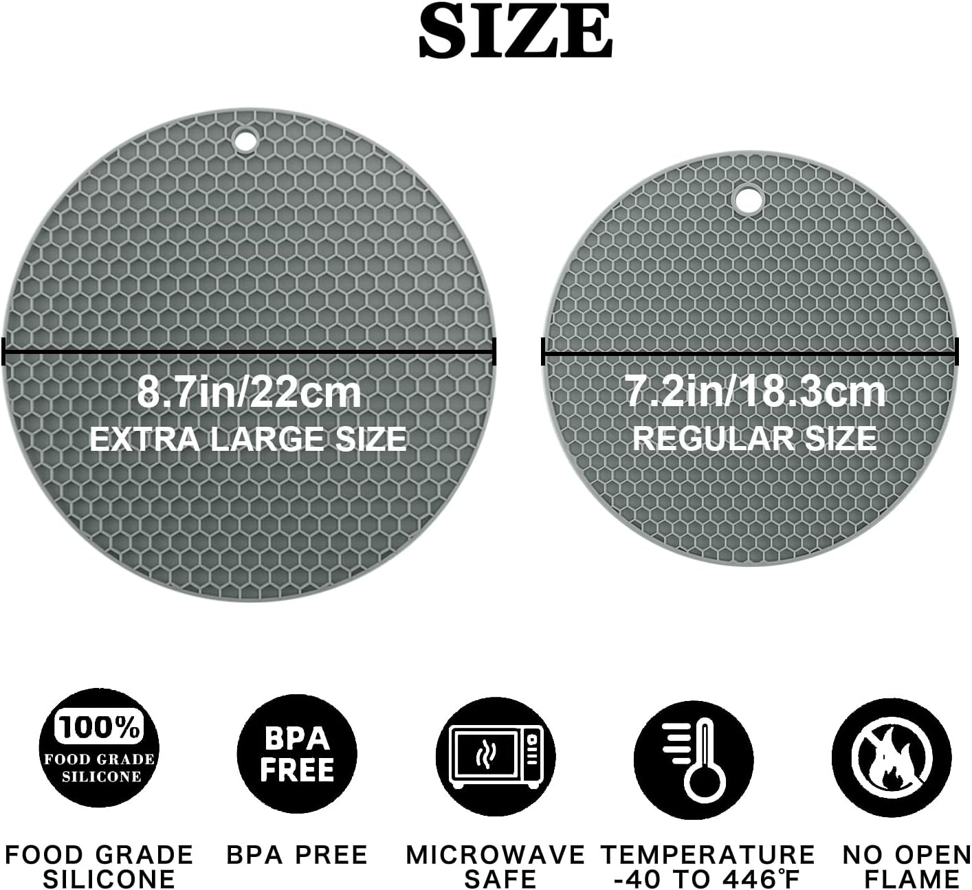 Silicone Trivet Mats, 2 Sizes 7 & 9 Inch Heat Resistant Silicone Hot Pads Pot Holders for Kitchen - Trivets for Hot Dishes, Multipurpose Non-Slip Heat Resistant Mat, Spoon Holder, Drying Mat(Gray)