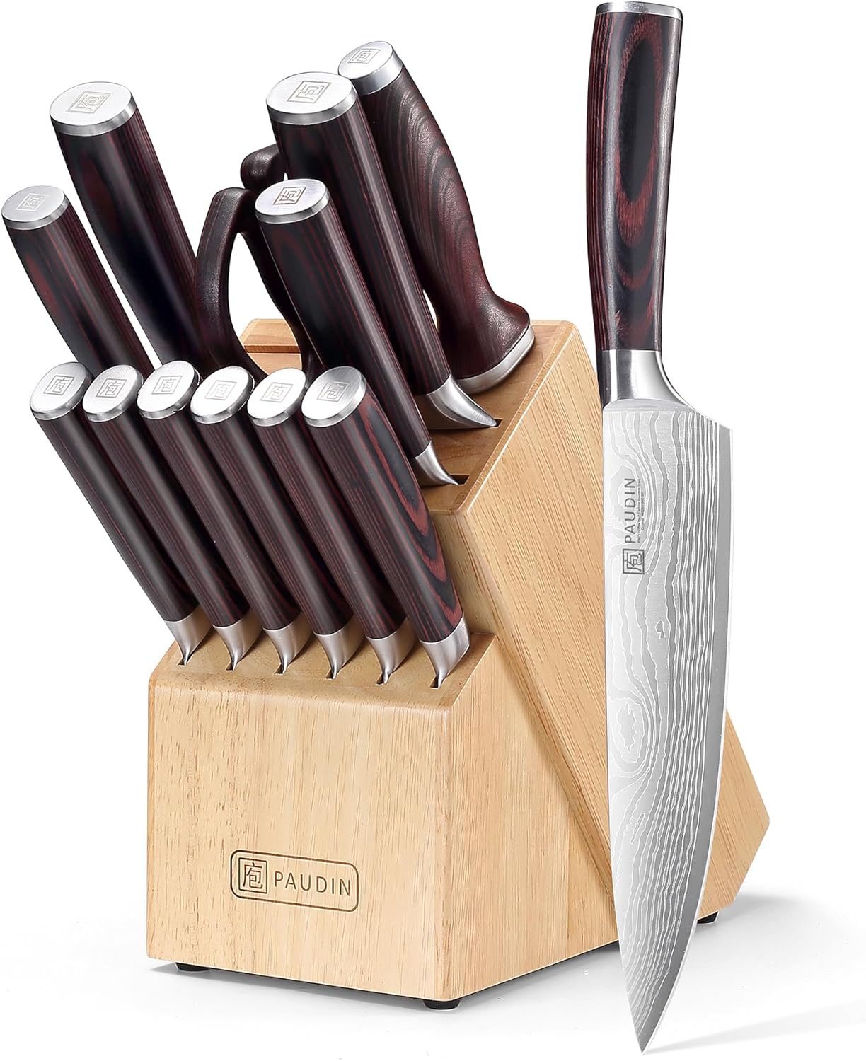 PAUDIN Kitchen Knife Set with Block, 14 Pieces Knife Sets for Kitchen with Block, High Carbon German Stainless Steel Sharp Chef Knife Set with Ergonomic Pakkawood Handle