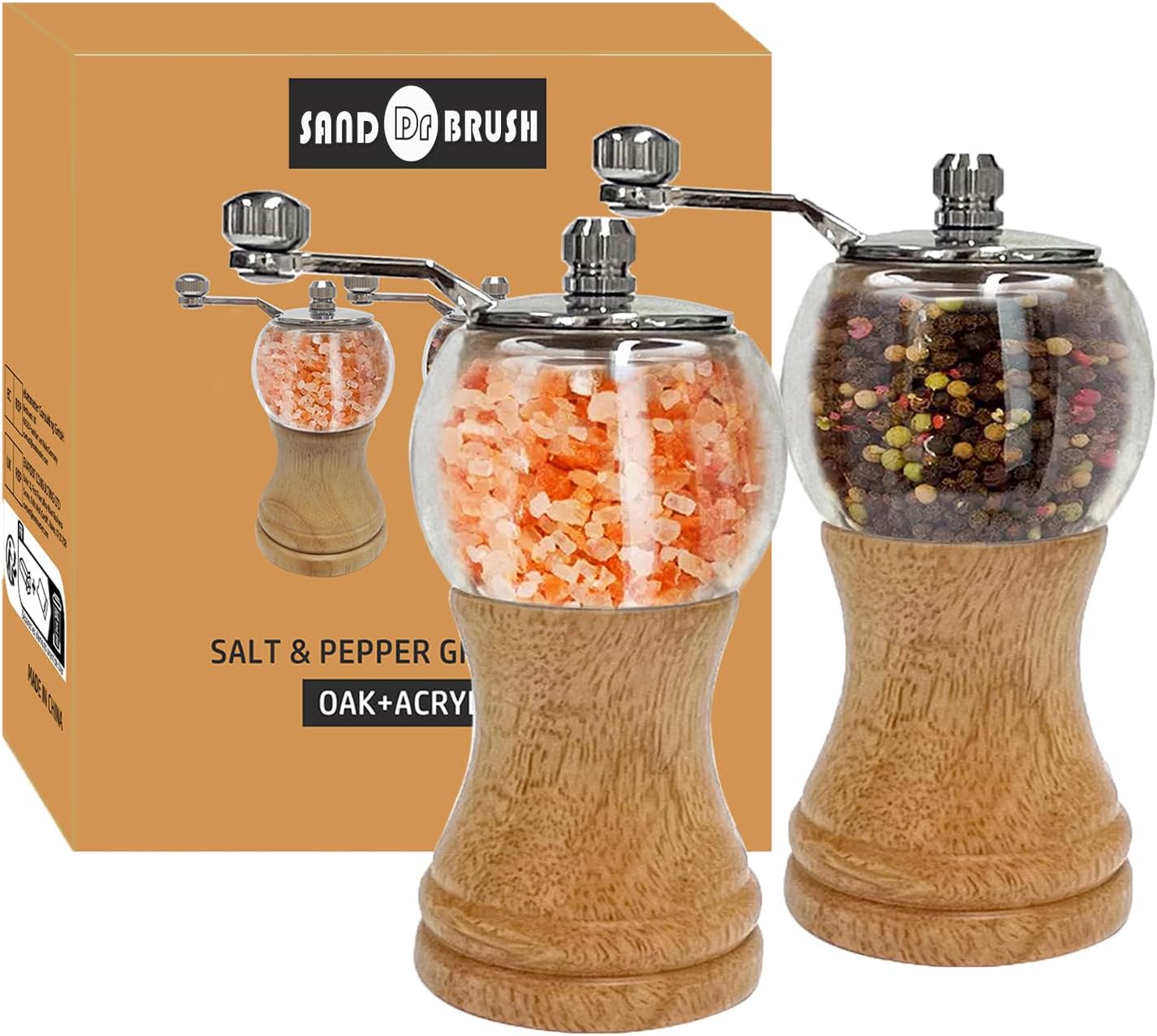 Pepper Mills Set Classical Hand Shake Wood Pepper Grinder Set Salt Mills 2pcs-6in, Wooden Acrylic Ceramic Blades Upgrade Metal Handle, Enjoy Fresh Ground Pepper Various Spices