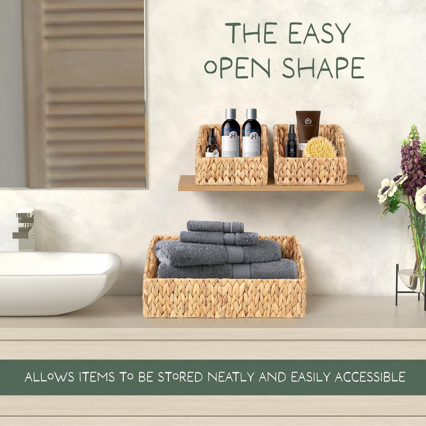 Set of 3 Handwoven Water Hyacinth Storage Baskets – Decorative Natural Wicker Organizer Bins with Built-in Handles for Bathroom, Kitchen, Pantry, Nursery, Closet, Laundry, Living Room, and Home Use