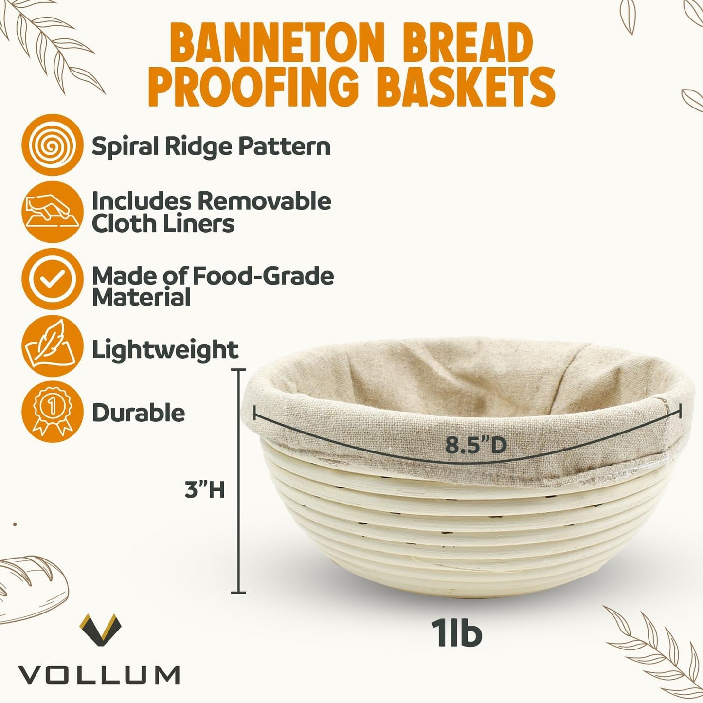 Banneton Bread Proofing Basket sourdough proofing basket for Beginners & Professional Bakers, Handwoven Rattan Cane Bread Maker with Linen for Artisan Breads, 8.5 x 3 In, 1-Pound Round Brotform
