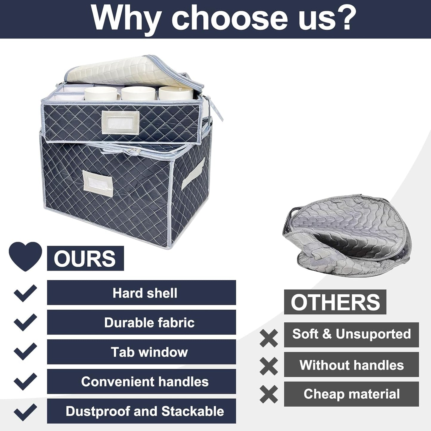 Wine Glass and Mug Storage Box with Dividers - 2 Pack China Storage Containers Set Holds 24 Glassware , Stemware，Coffee Mug and Tea Cup, Organizer Bin with Sturdy Metal Zipper,Label and Handles (Grey)