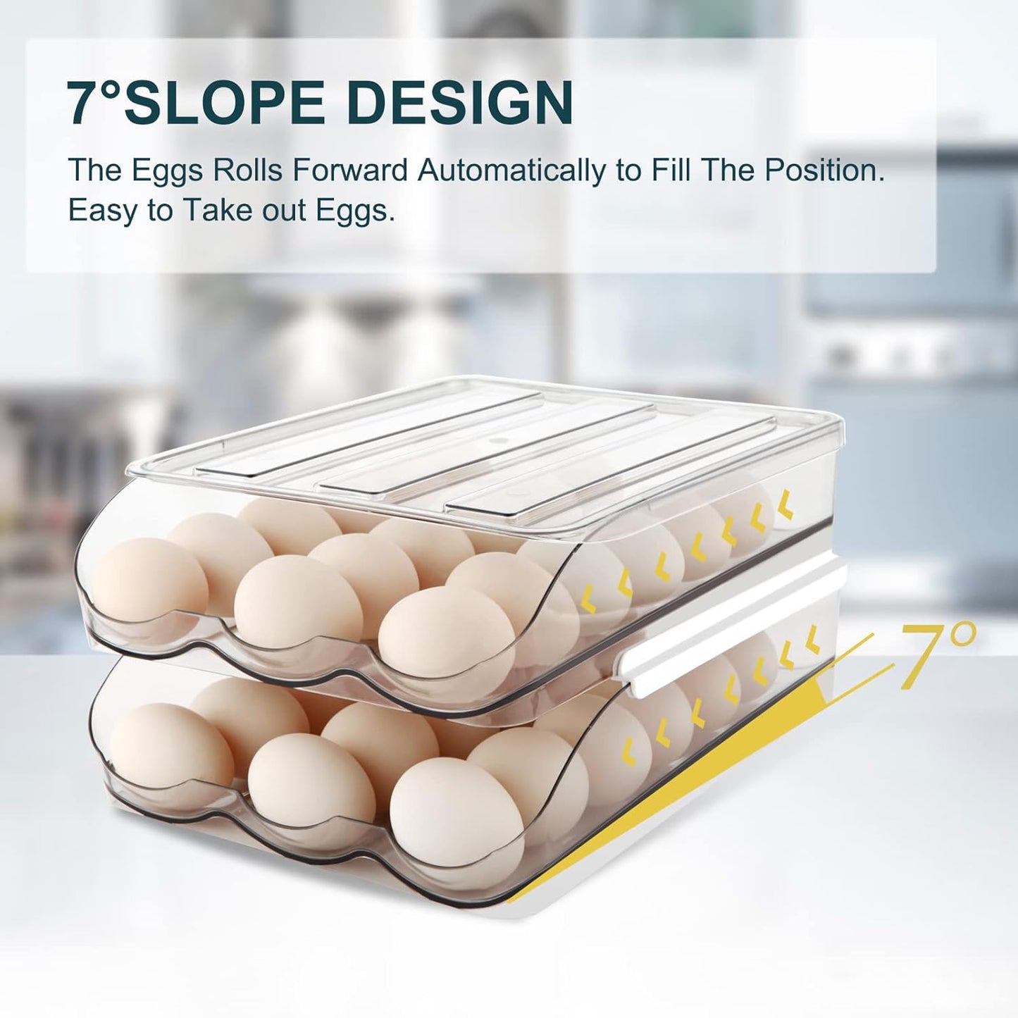 Egg Holder for Fridge, Automatically Rolling Egg Storage Container for Refrigerator,Large Capacity Egg Organizer for Fridge with Lid,Clear Plastic Dispenser, Tray & Bin -1 Layer