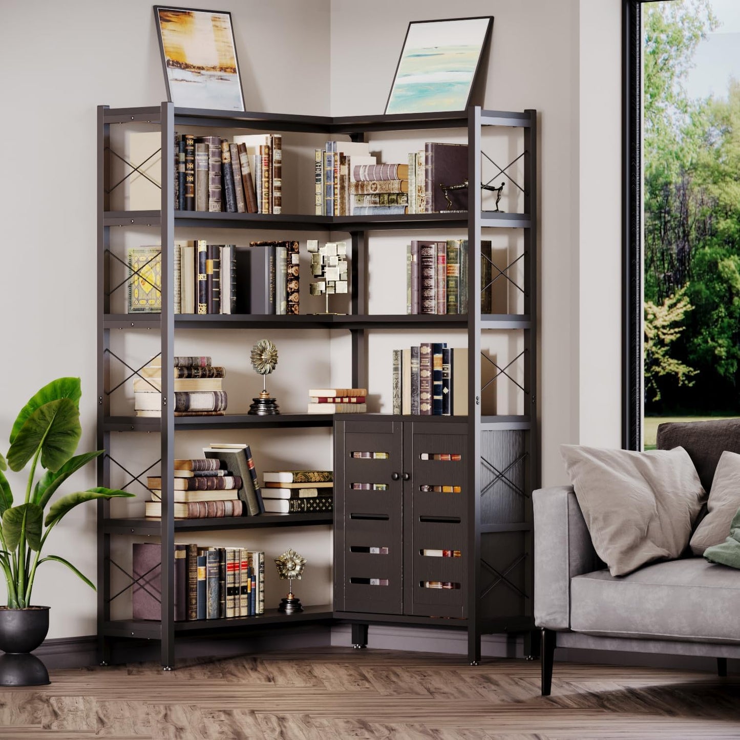 Corner Bookshelves and Bookcases Industrial Corner Etagere Bookcase L Shaped Shelf 6 Tiers with Metal Frame for Living Room Home Office