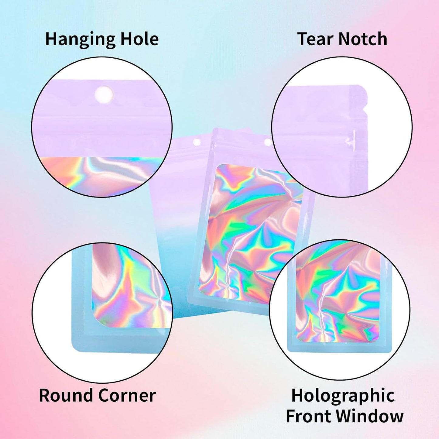 200 Pack Resealable Mylar Holographic Bags Food Storage Smell Proof Bags with Front Window Foil Packaging Pouch for Candy Sample Jewelry Small Business 4.13×5.91 Inch, Pink Fade Blue
