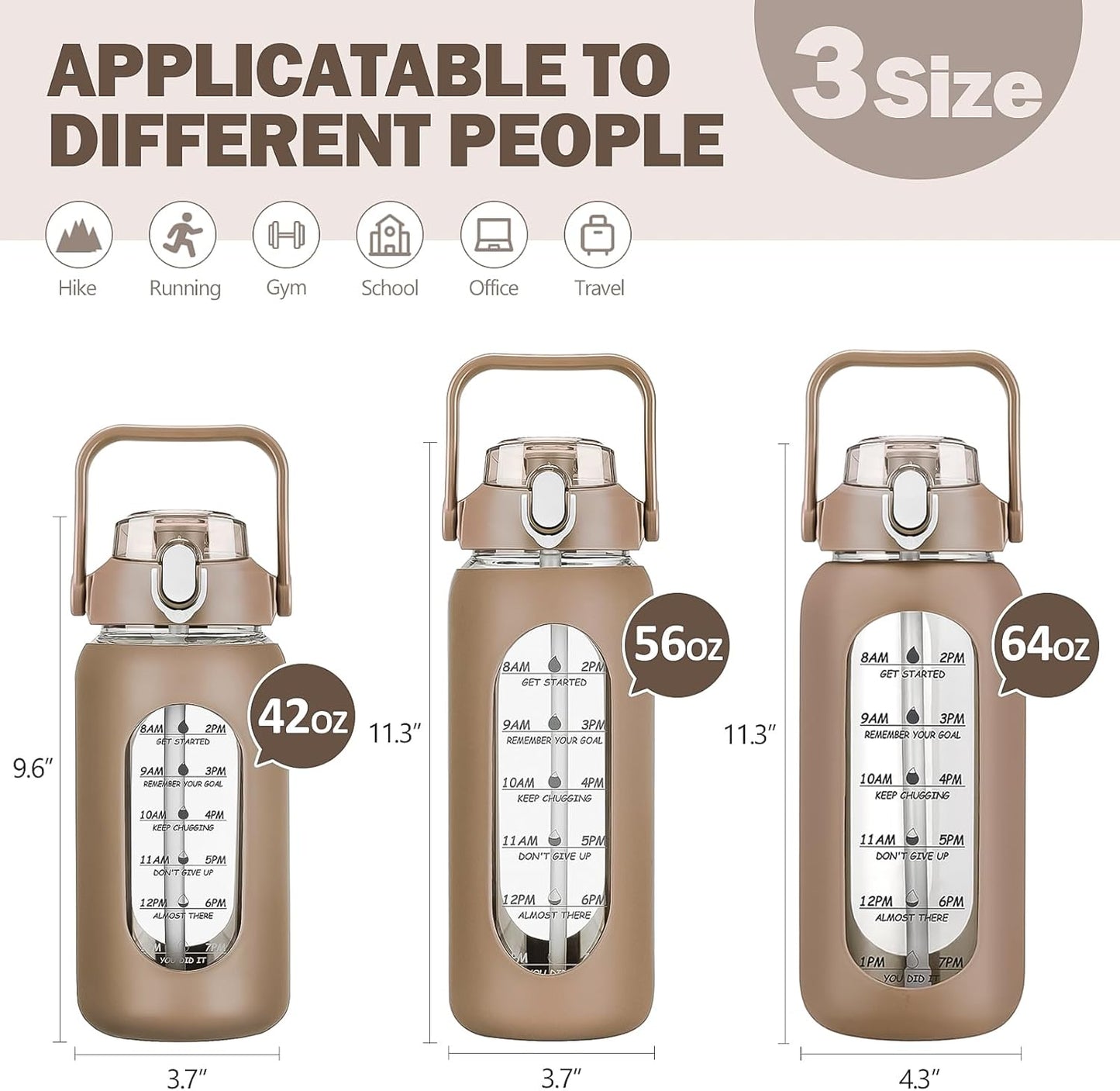 kytffu 42oz Glass Water Bottles with Straw, Motivational Glass Bottle with Silicone Sleeve and Time Marker, Leakproof Large Glass Water Jug for Gym Home Office,Amber