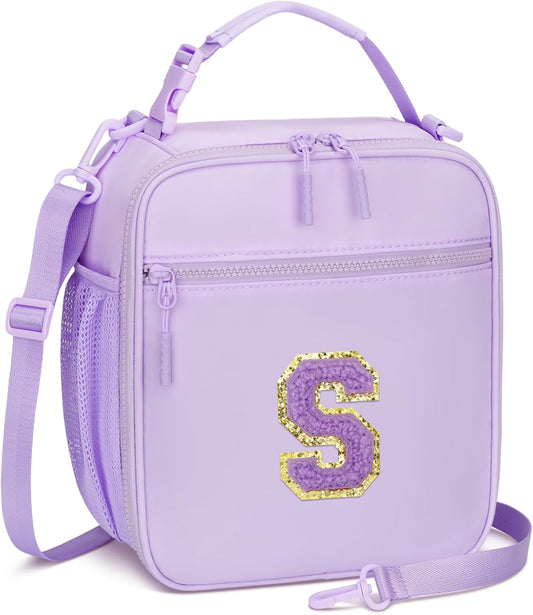 Initial Insulated Lunch Bag for Girls Kids, Back to School Gift, Reusable Leak-proof Lunch Box with Adjustable Strap for School Daycare Travel Picnic (Purple,S)