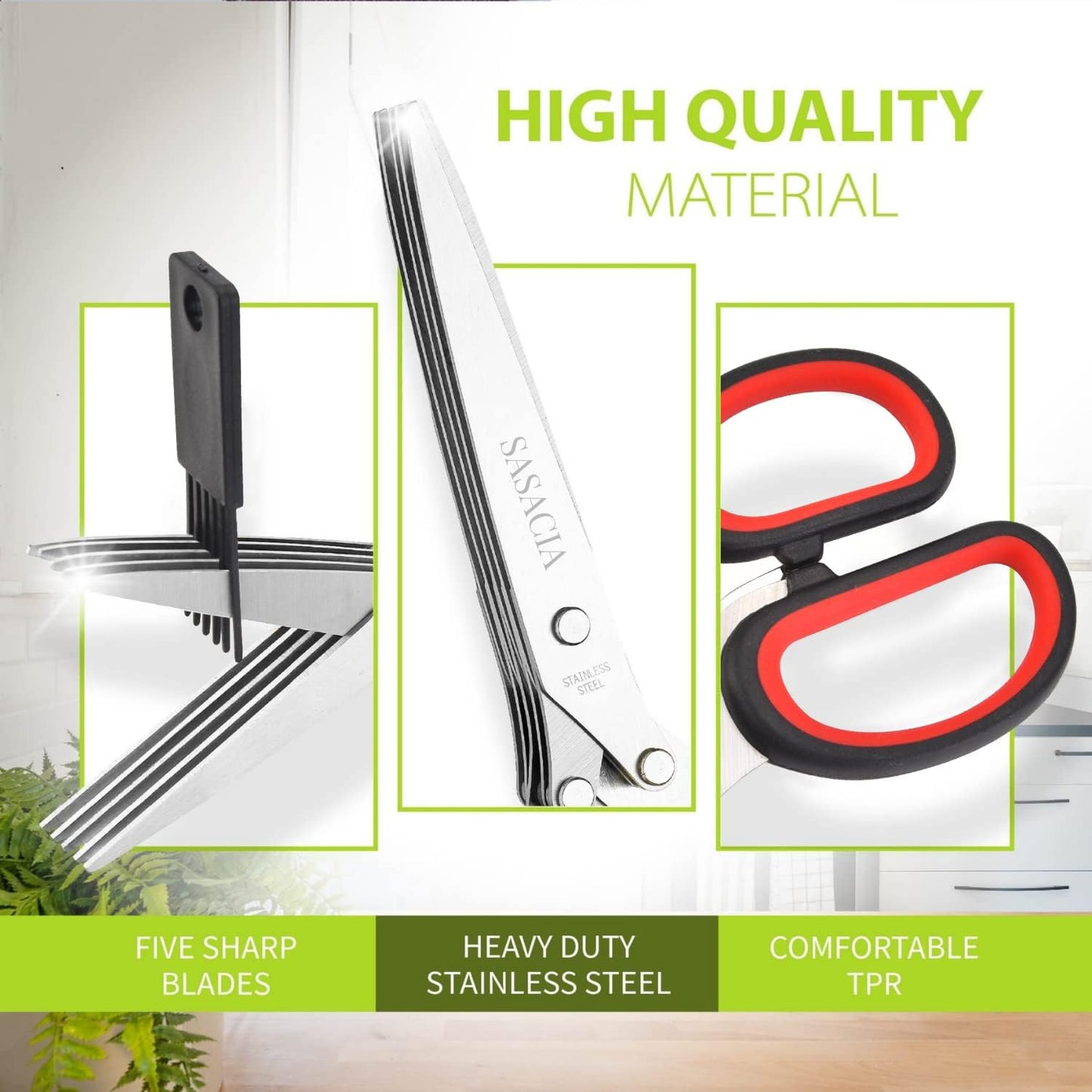 Herb Scissors with 5 Blades & Cleaning Kit, Stainless Steel Kitchen Shears for Herbs, Lettuce, Cilantro, Dishwasher Safe, Soft-Grip Handle