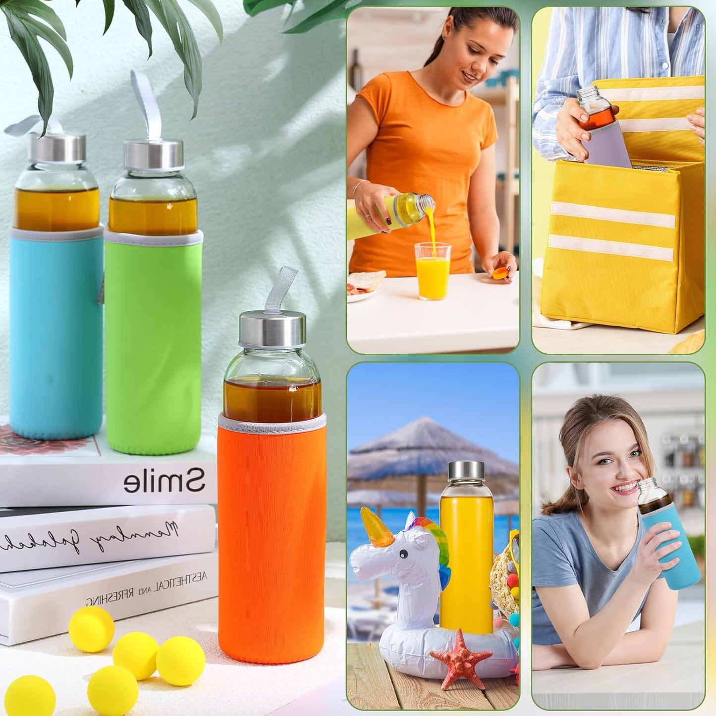 Vesici 12 Set 18 oz Clear Glass Water Bottles, Reusable Glass Juicing Bottles with Protection Sleeve and Stainless Steel Leak Proof Lids for Milk Smoothie Juice Beverage Tea (Colorful,Stylish)