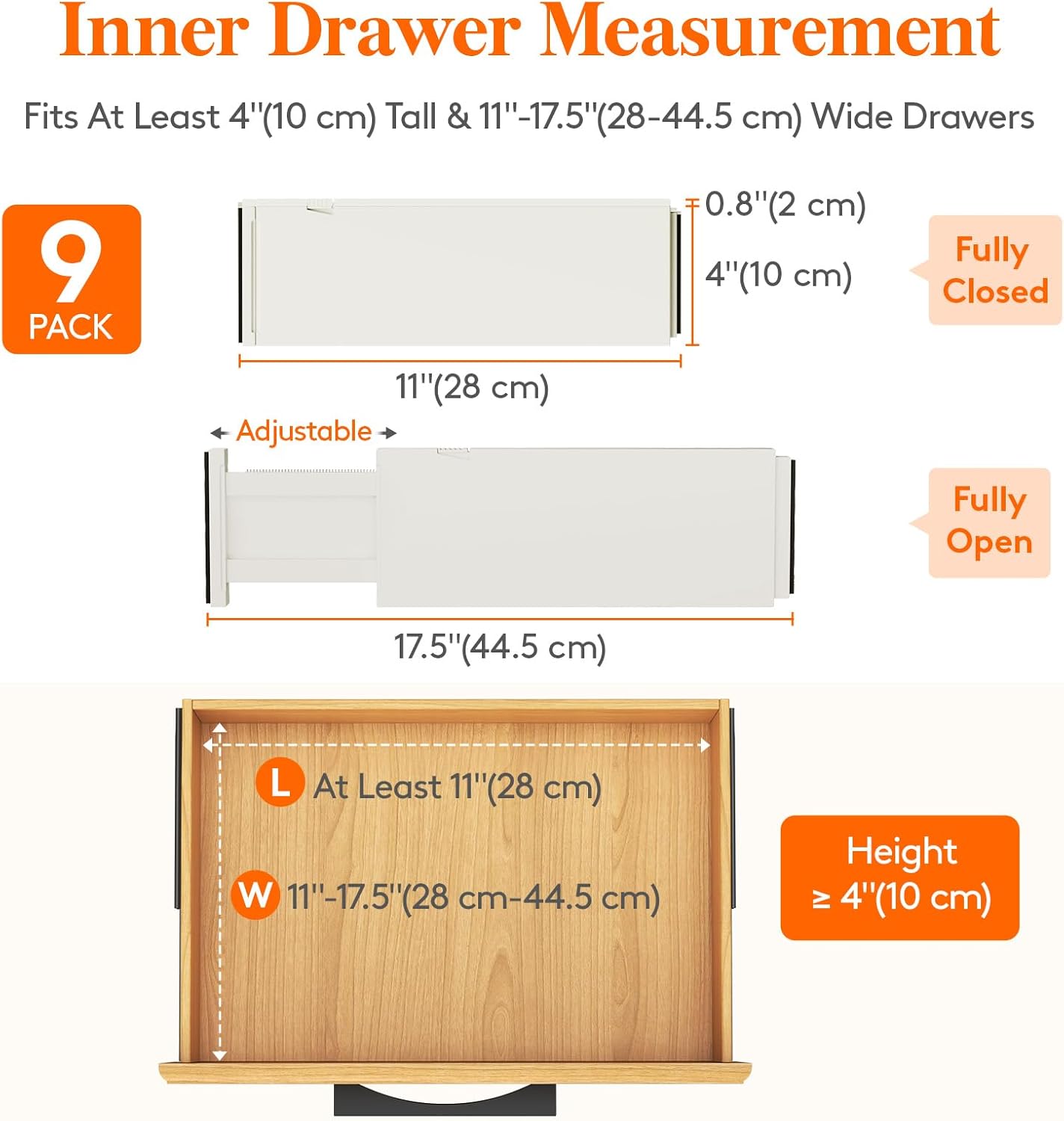 Lifewit 9 Pack Drawer Dividers 4" High, 11-17" Adjustable Drawer Organizers for Clothes, Expandable Dresser Separators in Bedroom/Bathroom/Kitchen/Fridge/Office Organization and Storage, Beige