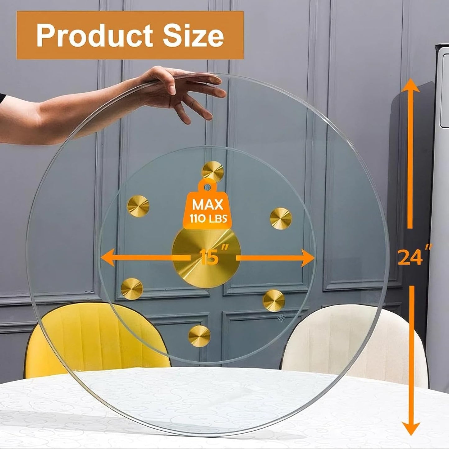 24" Tempered Glass Lazy Susan Turntable, 360° Silent-Spin Round Clear Tabletop Rotating Tray, Centerpiece for Dining Tables, Smooth Rotation, for Banquets, Weddings & Family Gatherings