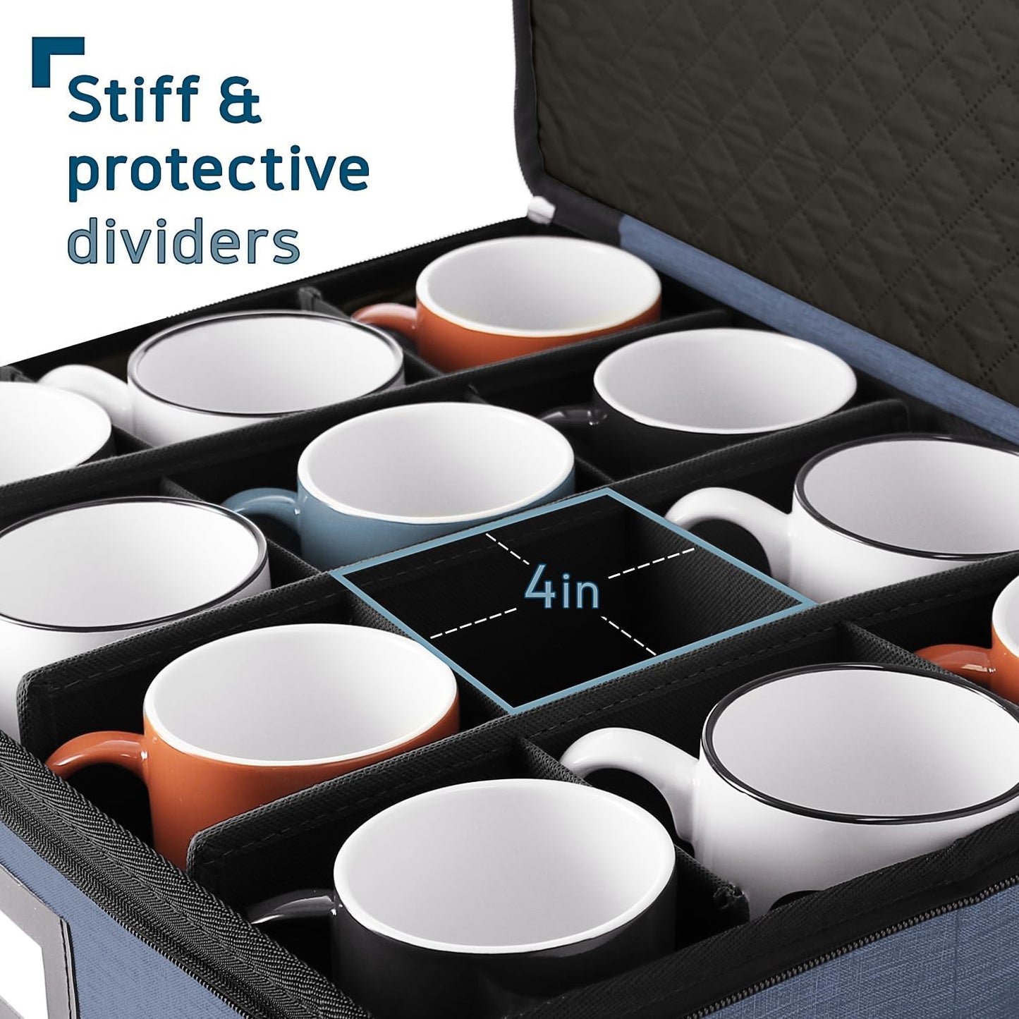 Hearth & Harbor Coffee Mug Storage, Quilted and Stackable Coffee Cup Storage Organizer for Service of 12, Mug Storage Box with Dividers, China Containers Hard Shell for Moving and Organization, Blue