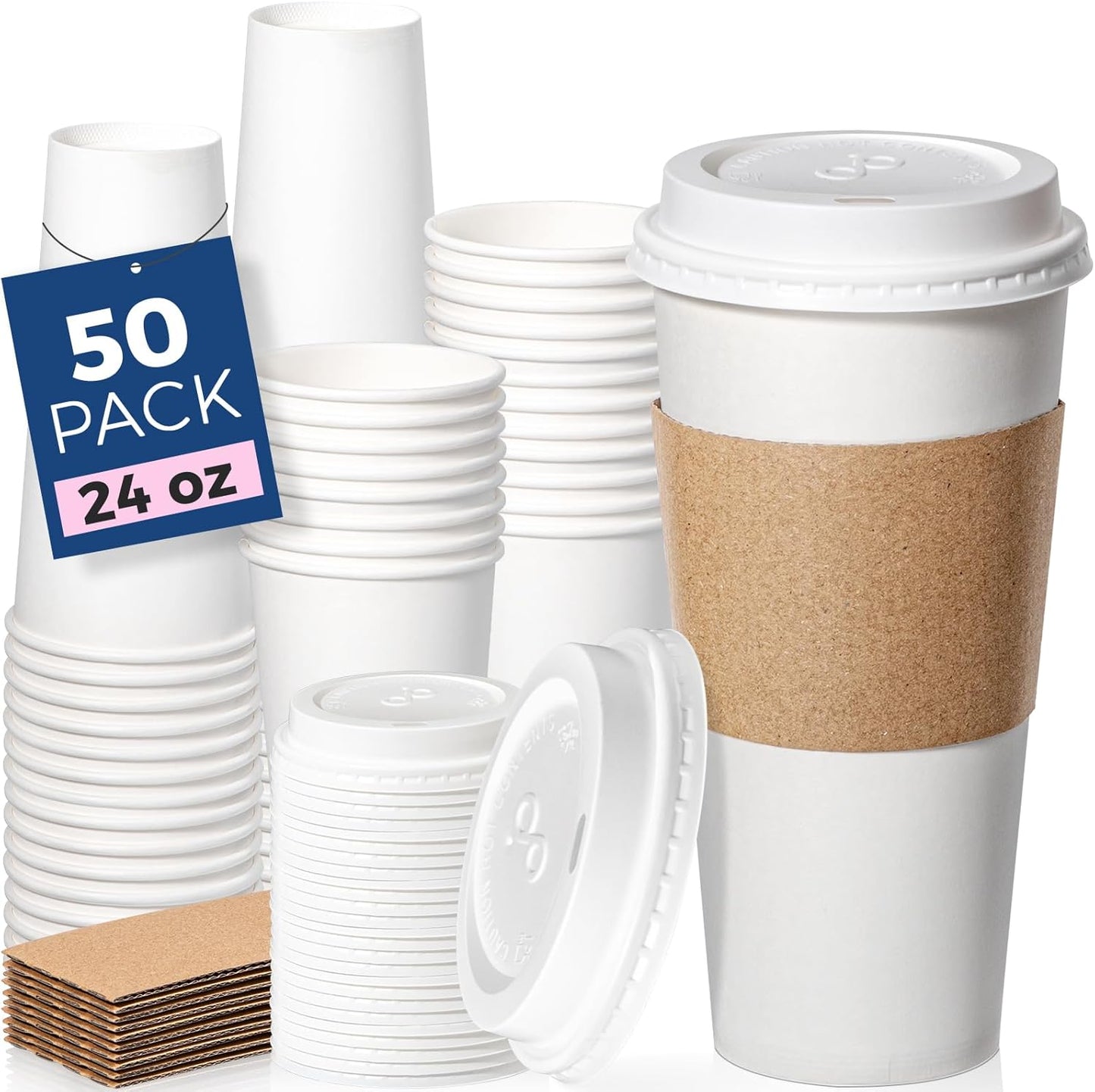 Fit Meal Prep 50 Pack 24 oz Disposable Coffee Cups with Lids, Sleeves, Leak-Proof To Go Coffee Cups with Lids, Durable Hot Paper Cups for Home, Office, Party, Business